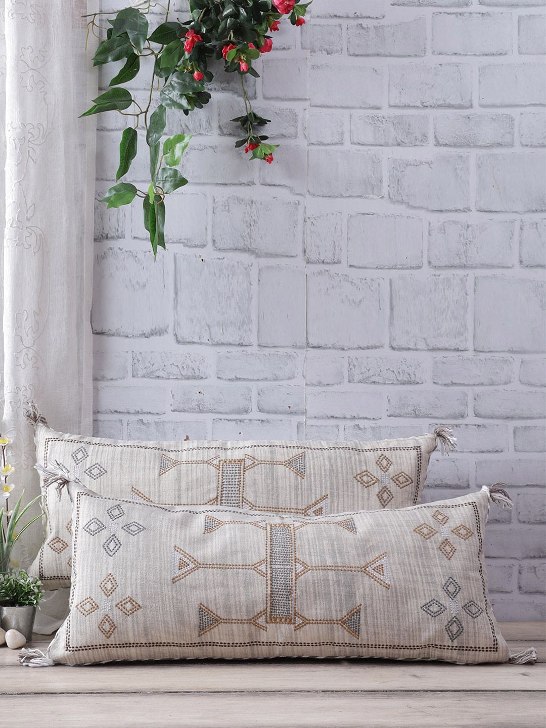 eyda Cream-coloured & Grey Set of 2 Embroidered Rectangle Cushion Covers Price in India