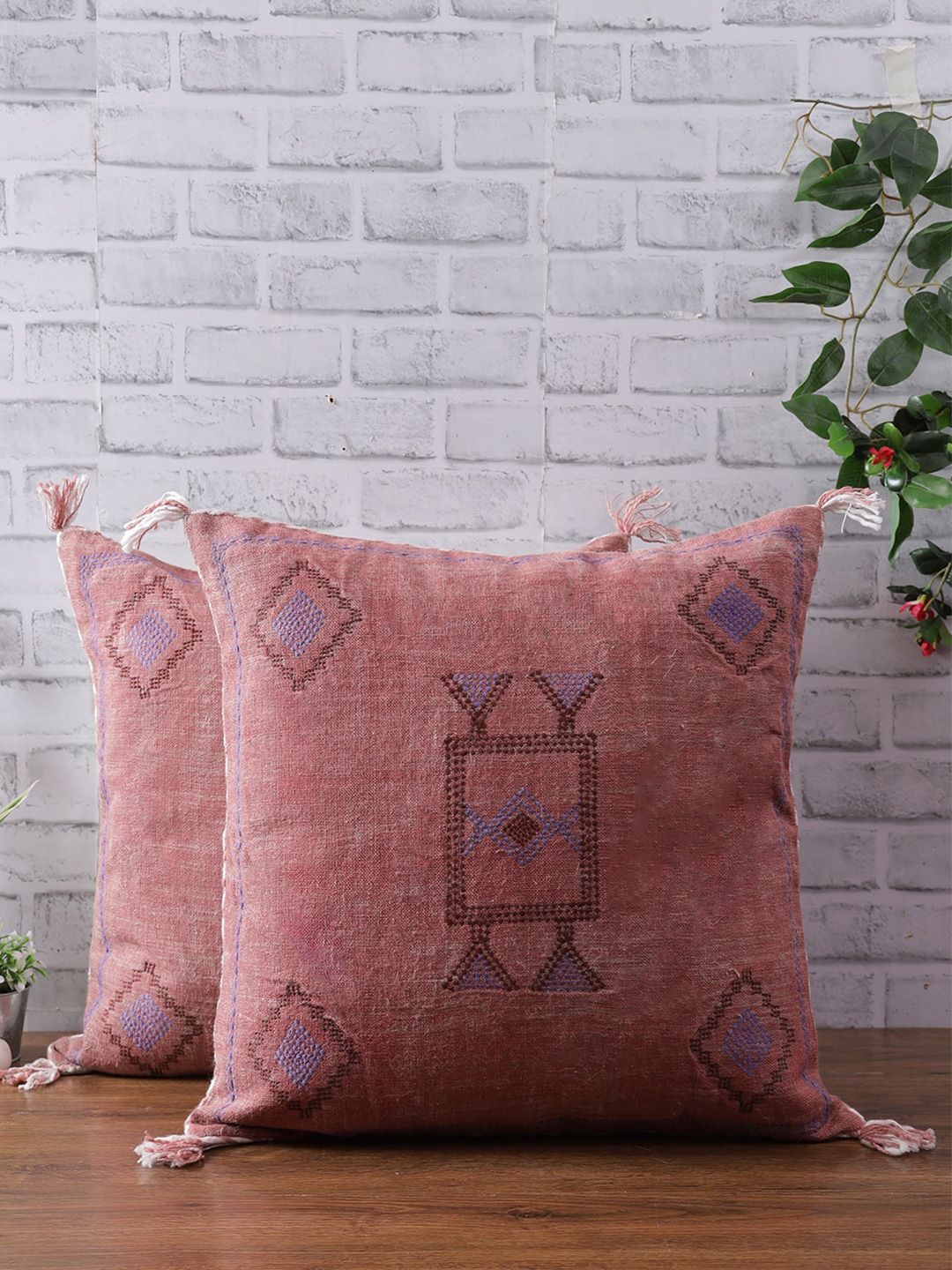 eyda Burgundy Set of 2 Embroidered Linen Square Cushion Covers Price in India