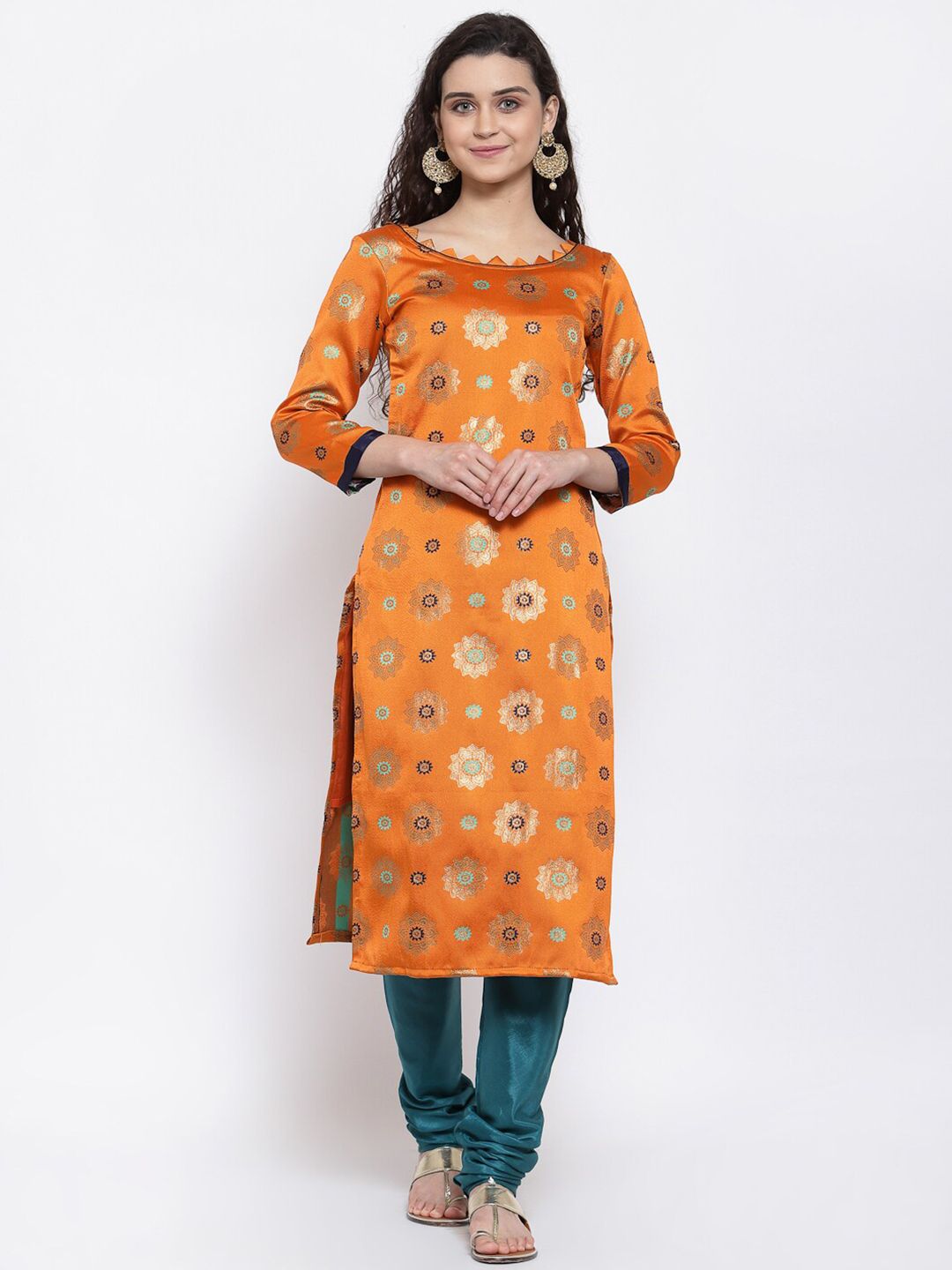 Me Lady Fashion Orange & Blue Unstitched Dress Material Price in India