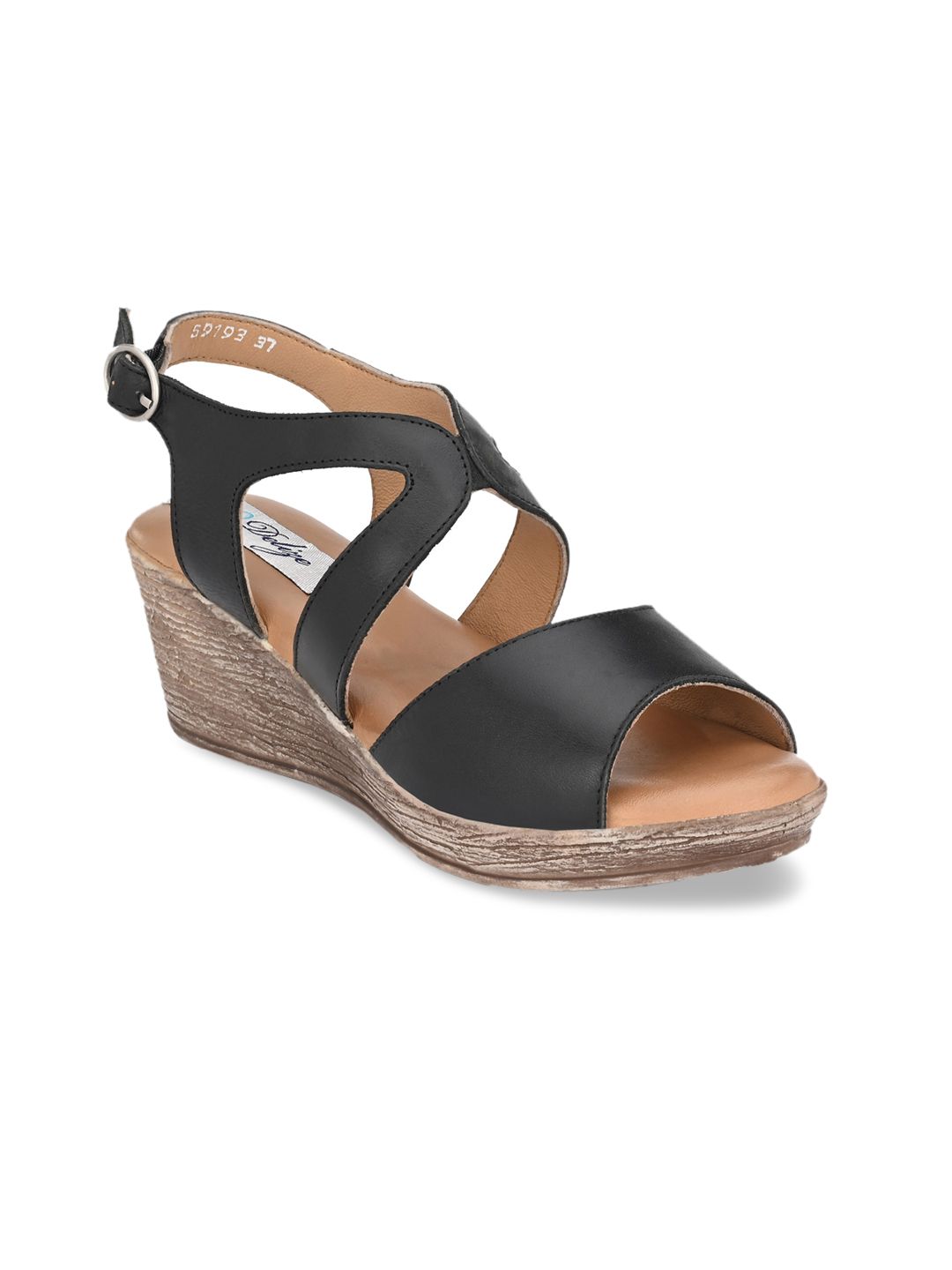 Delize Black Lightweight Leather Peep Toe Wedge Sandals With Buckles Price in India