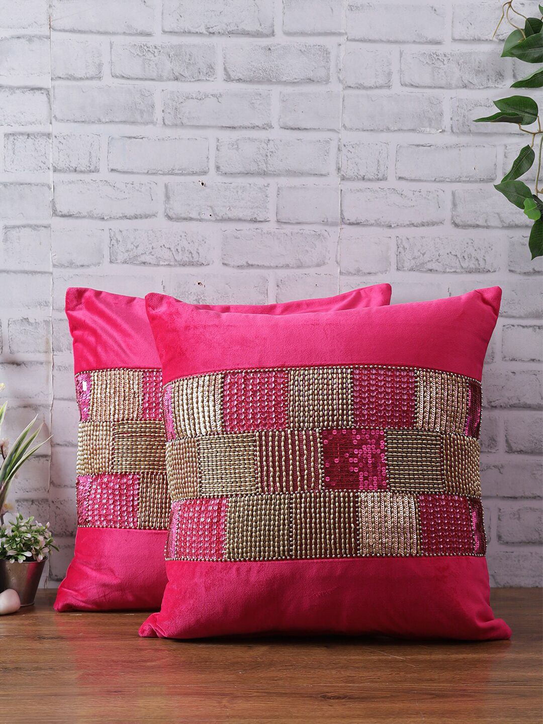 eyda Fuchsia & Gold-Toned Set of 2 Embroidered Velvet Square Cushion Covers Price in India