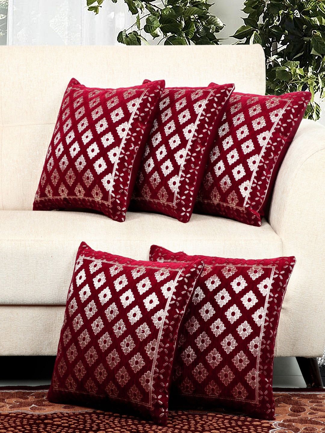 BELLA TRUE Maroon Set of 5 Ethnic Motifs Square Cushion Covers Price in India