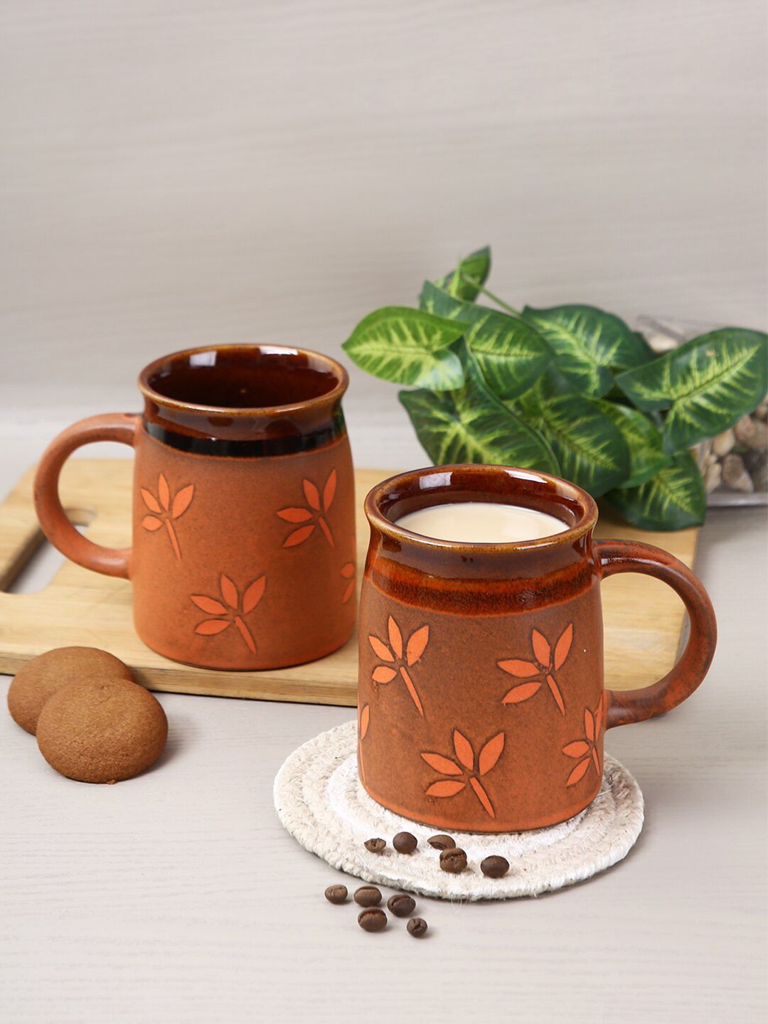 Aapno Rajasthan Set Of 2 Orange Floral Printed Ceramic Coffee Glossy Mugs Price in India