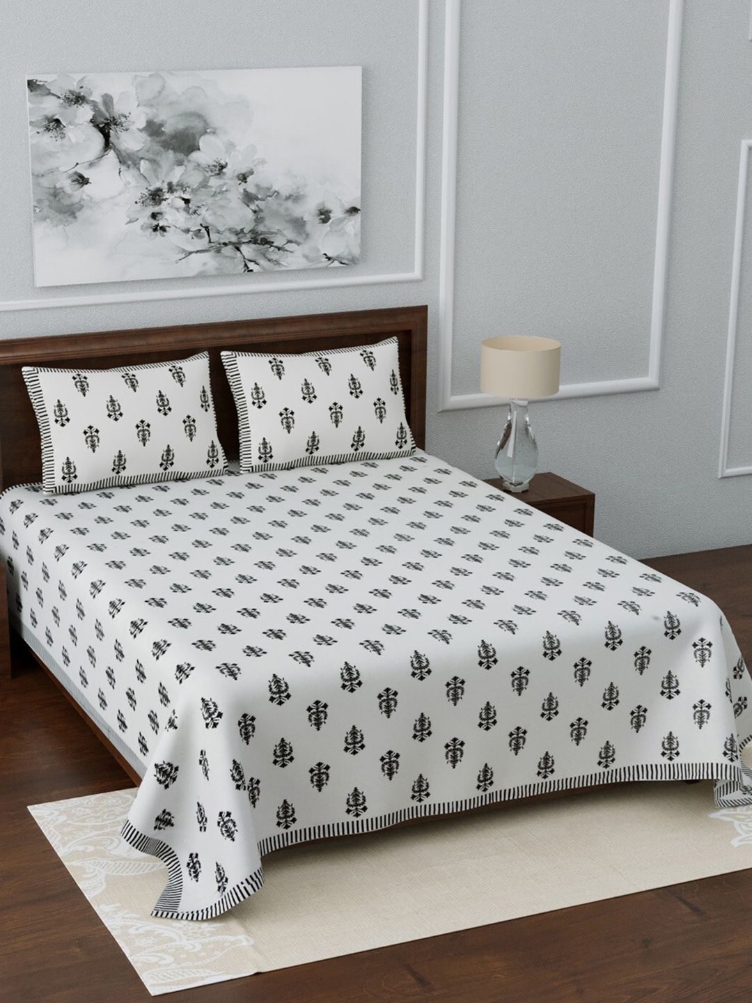 LIVING ROOTS White & Grey Ethnic Motifs 210 TC King Bedsheet with 2 Pillow Covers Price in India
