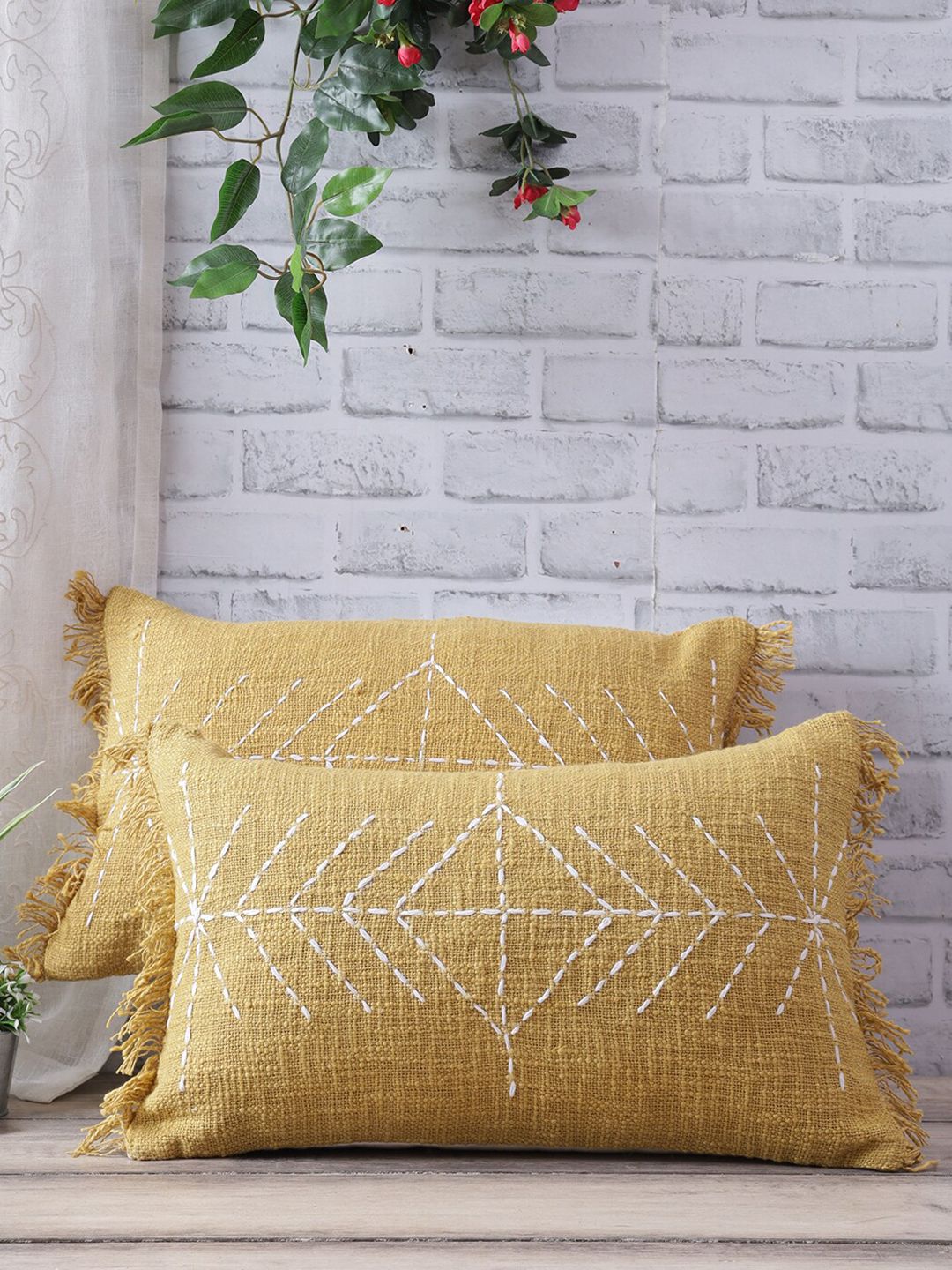 eyda Mustard Yellow & White Set of 2 Geometric Rectangle Cushion Covers Price in India