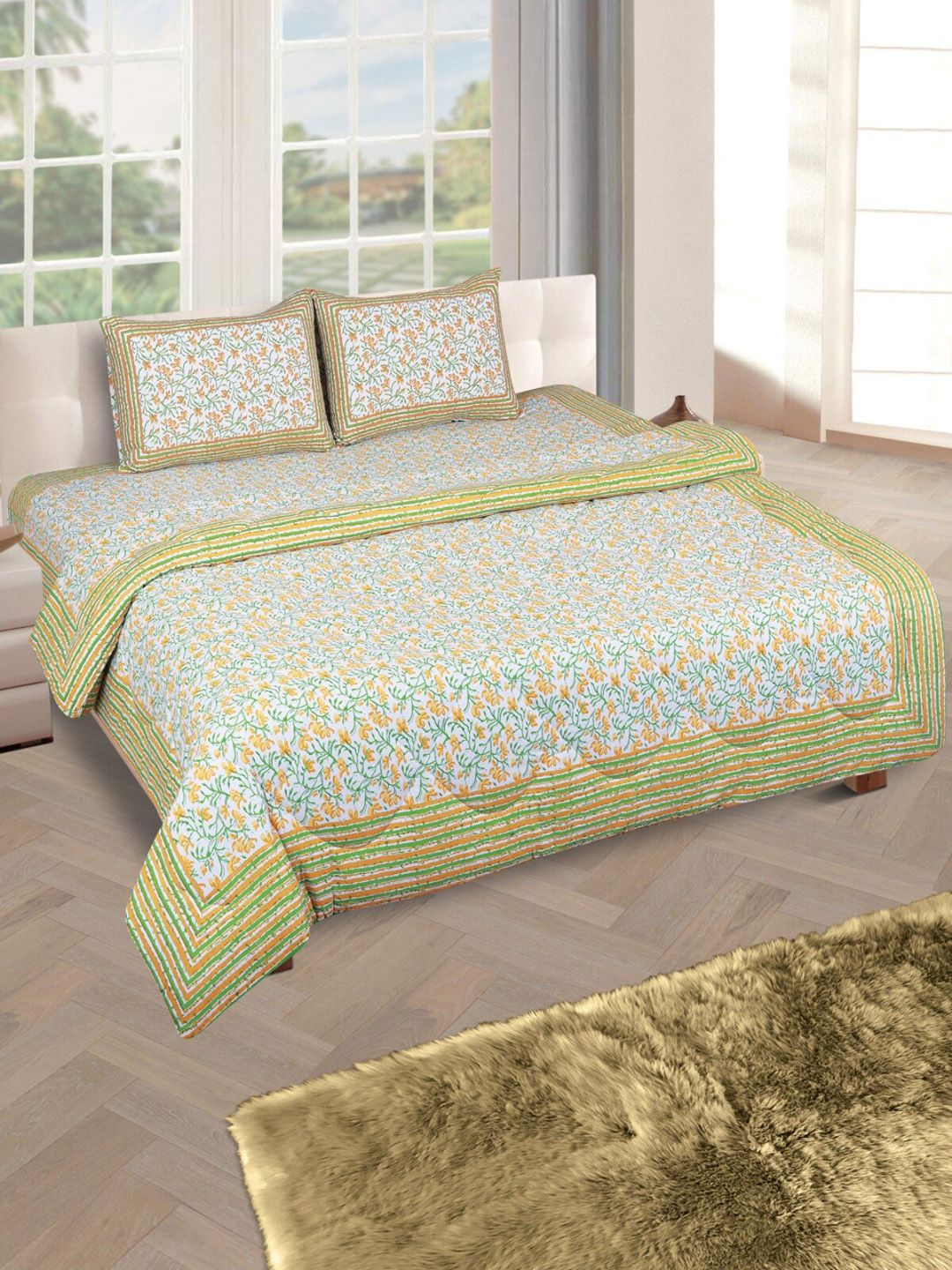 ROMEE Green & Off-White Floral Printed Cotton Double King Bedding Set Price in India