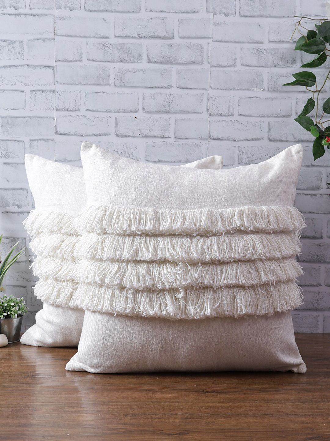 eyda White Set of 2 Square Chenille Tassle Cushion Covers Price in India