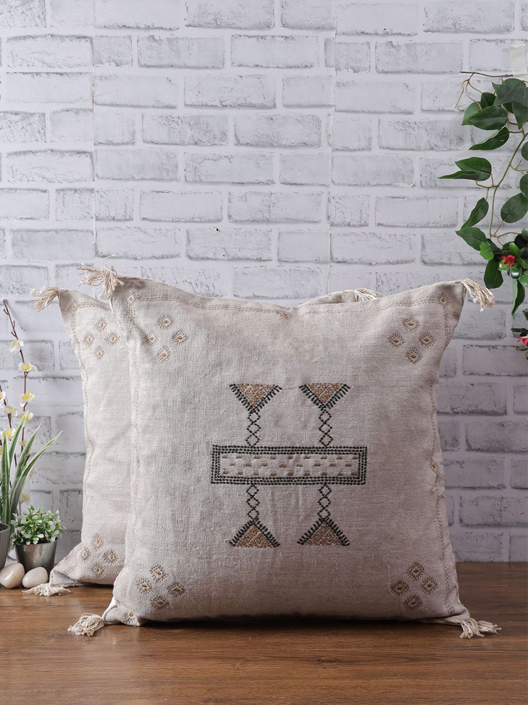 eyda Set Of 2 Off White Embroidered Linen Square Cushion Covers Price in India