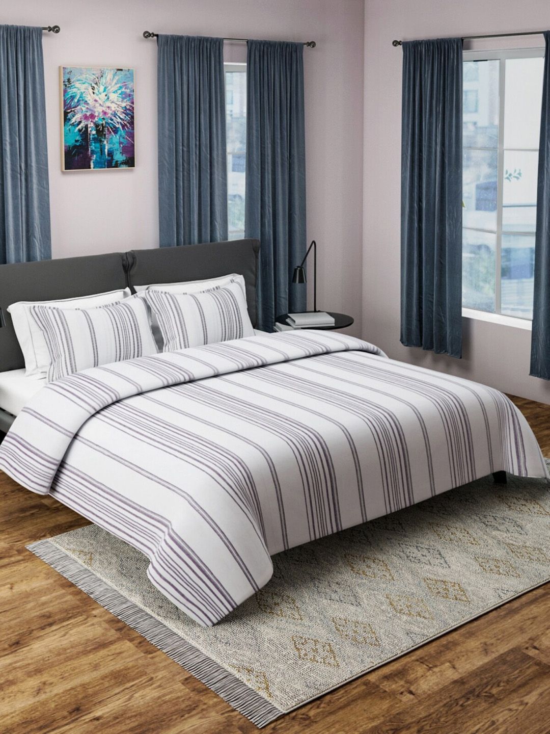 ROMEE Grey & White Striped Cotton Double Bed Cover With Pillow Cover Price in India