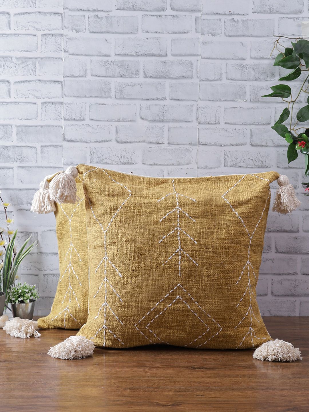 eyda Set Of 2 Mustard Yellow & White Geometric Square Cushion Covers Price in India