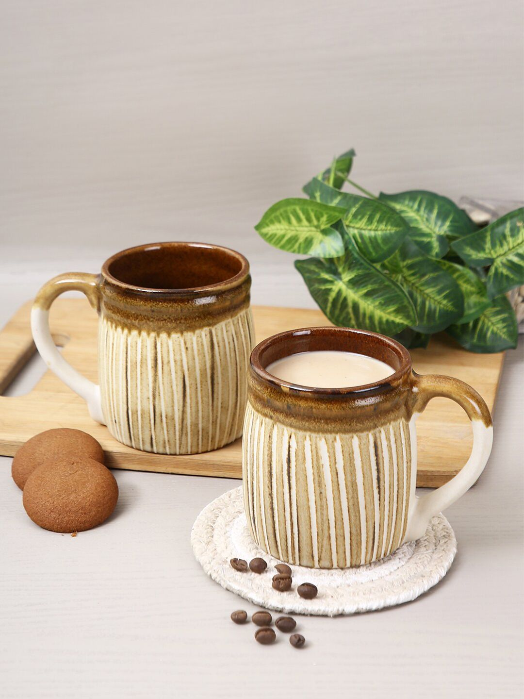 Aapno Rajasthan Set Of 2 Beige & Brown Printed Ceramic Glossy Mugs Price in India