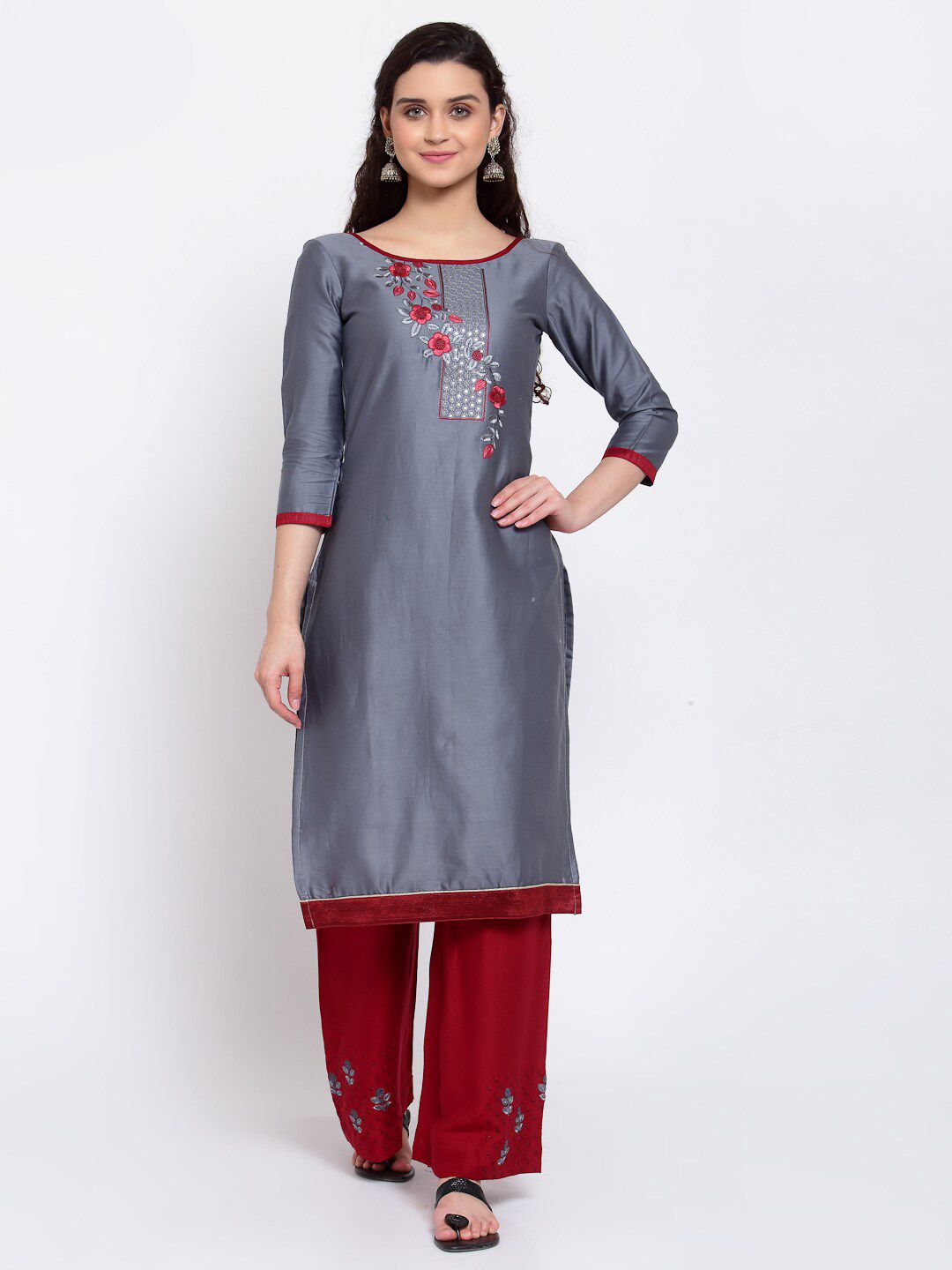 Me Lady Fashion Grey & Red Embroidered Semi-Stitched Dress Material Price in India