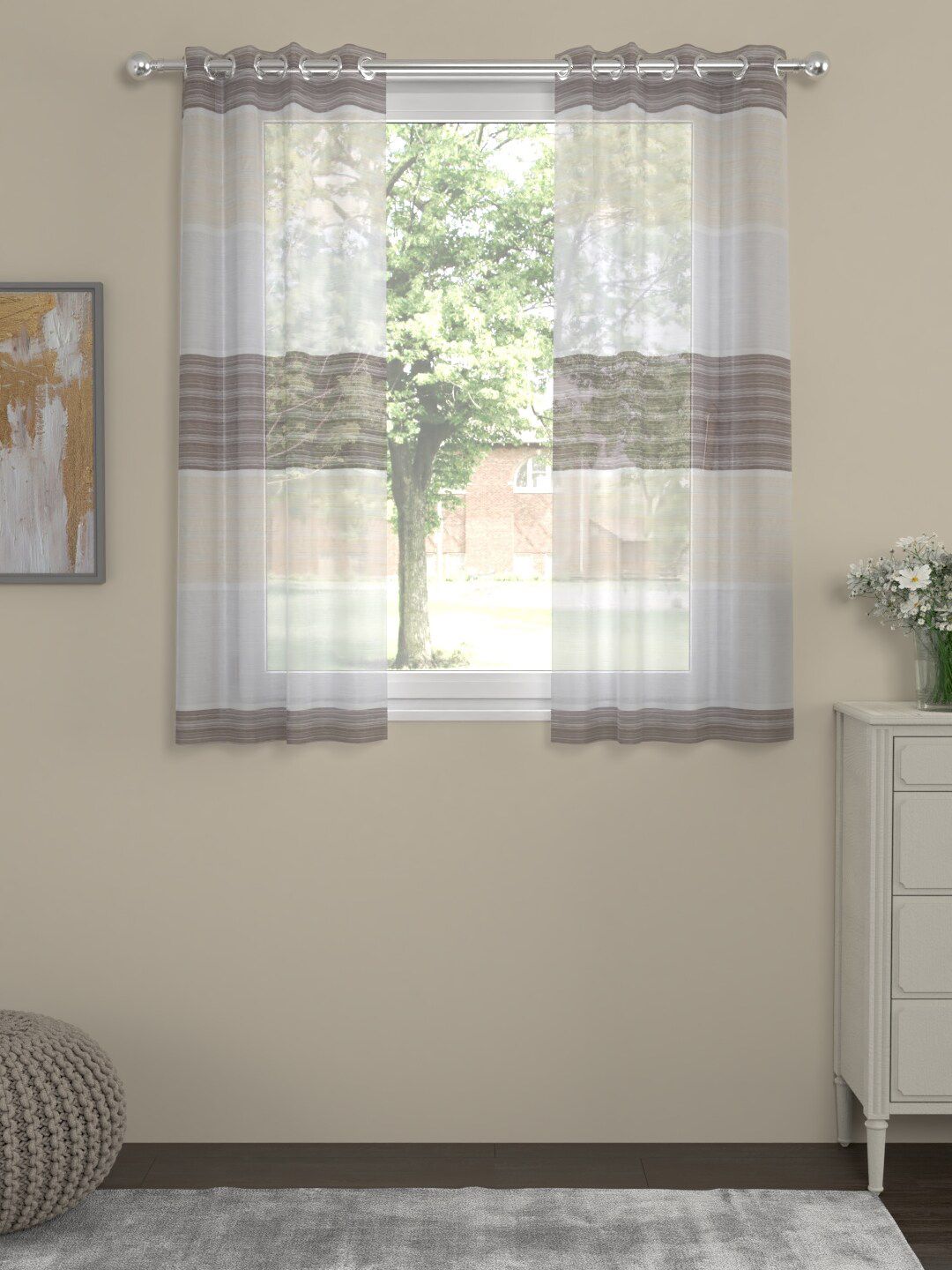 ROSARA HOME White & Brown Set of 2 Striped Sheer Window Curtain Price in India