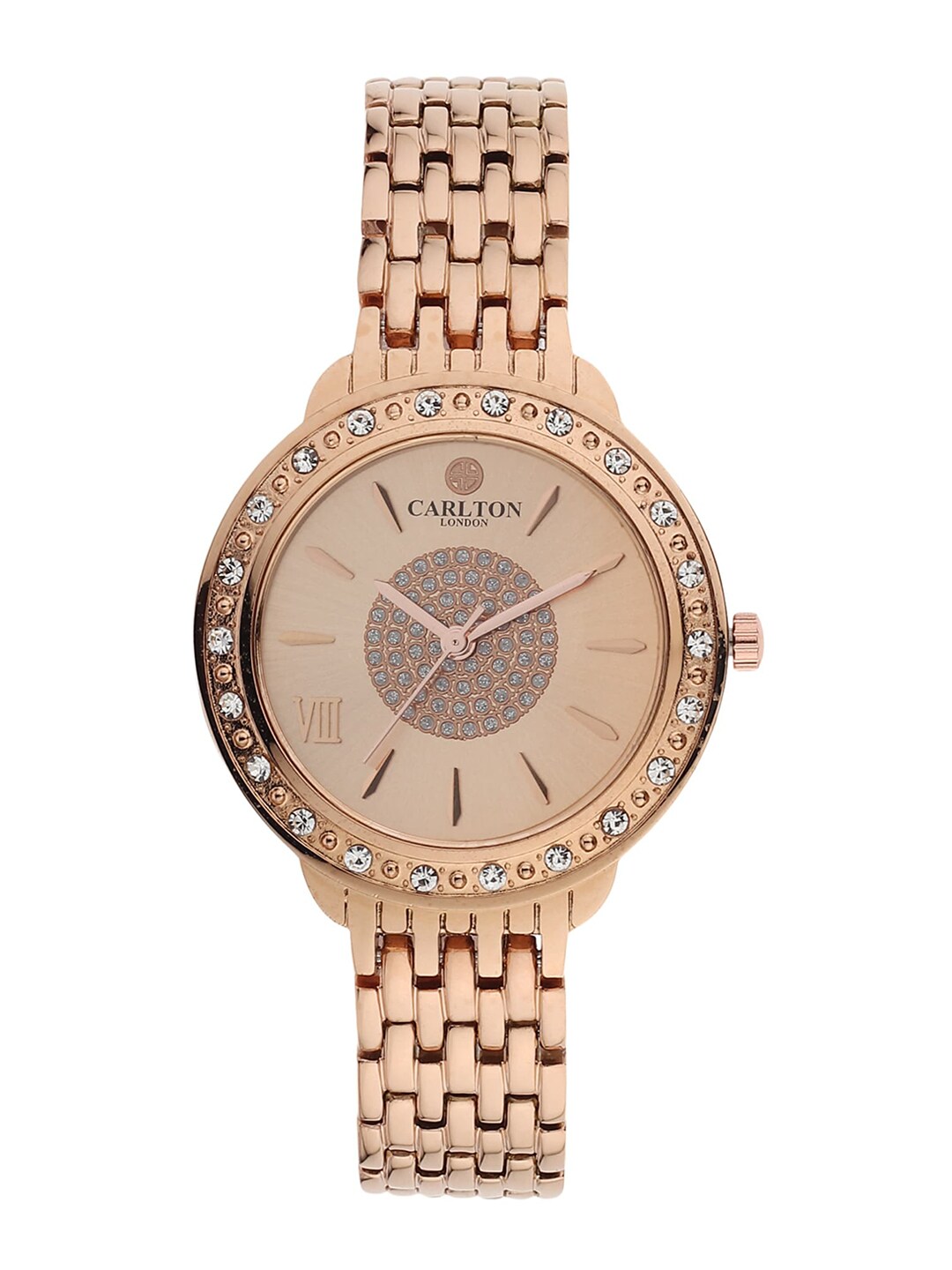 Carlton London Women Rose Gold-Toned Brass Embellished Dial & Rose Gold Toned Bracelet Style Straps Analogue Watch Price in India