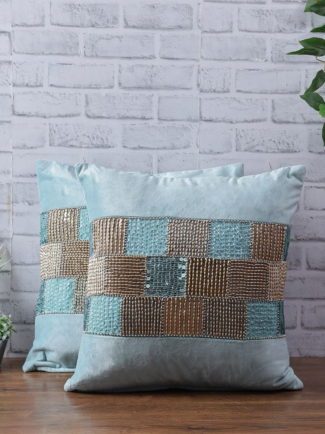 eyda Set Of 2 Turquoise Blue & Gold-Toned Embellished Velvet Square Cushion Covers Price in India
