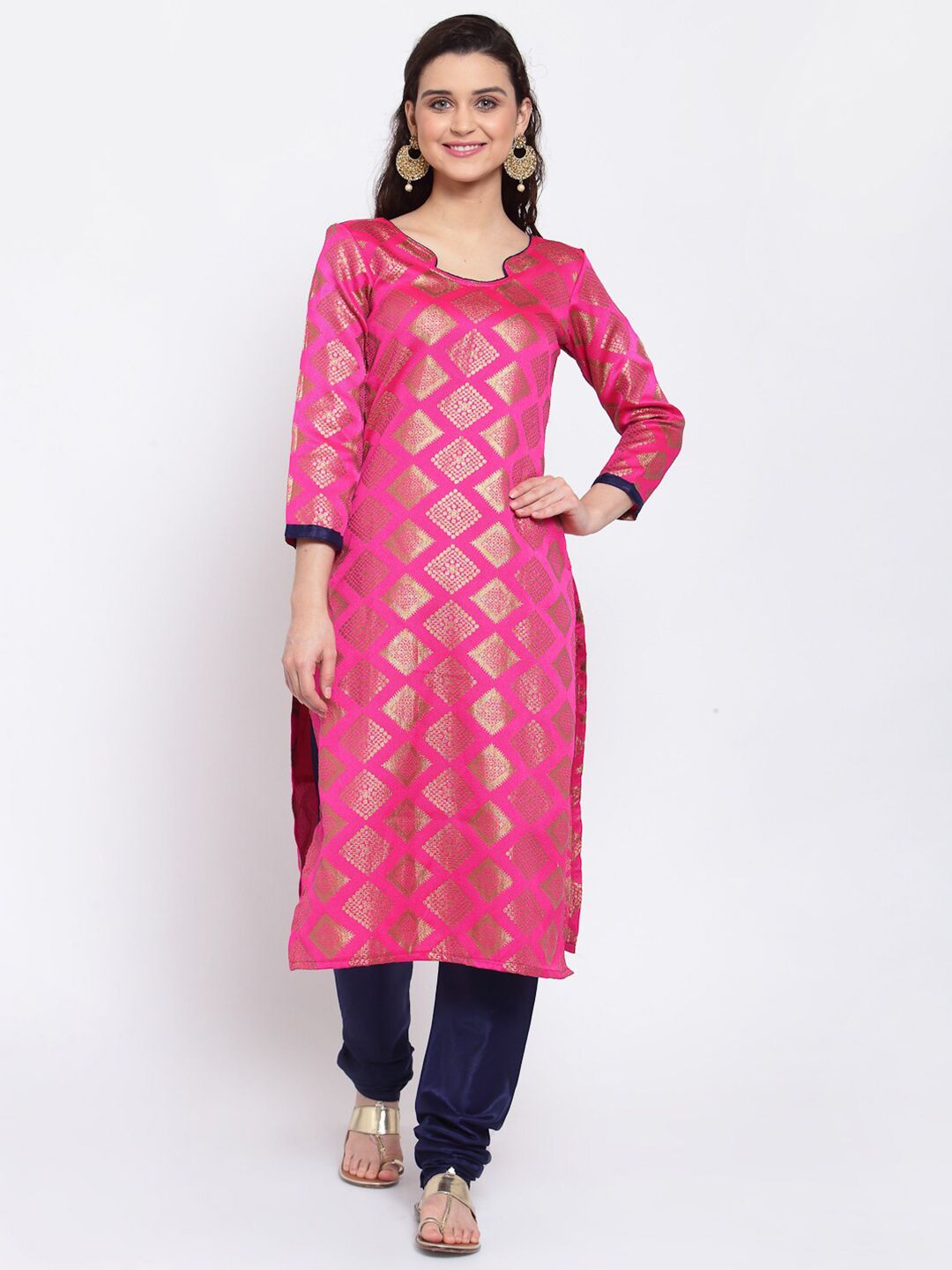 Me Lady Fashion Pink & Navy Blue Unstitched Dress Material Price in India