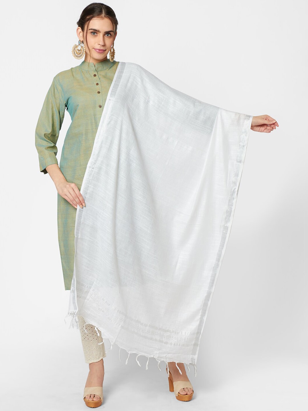 Dupatta Bazaar Women White Solid Linen Dupatta Price in India