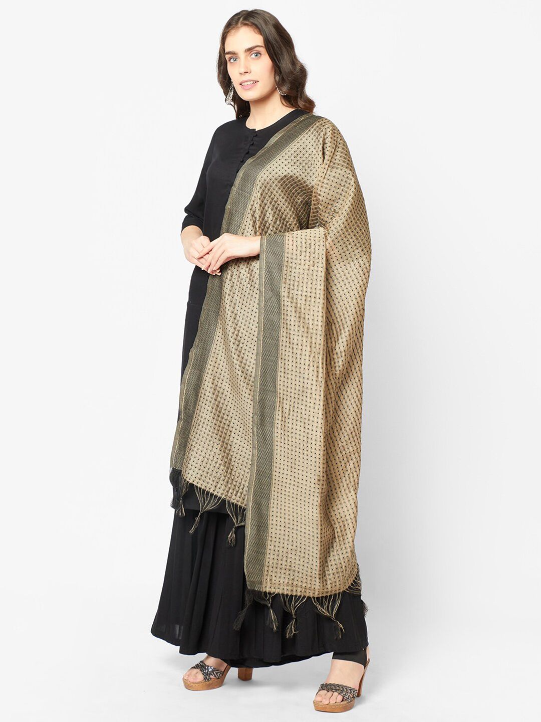 Dupatta Bazaar Brown & Black Woven Design Dupatta