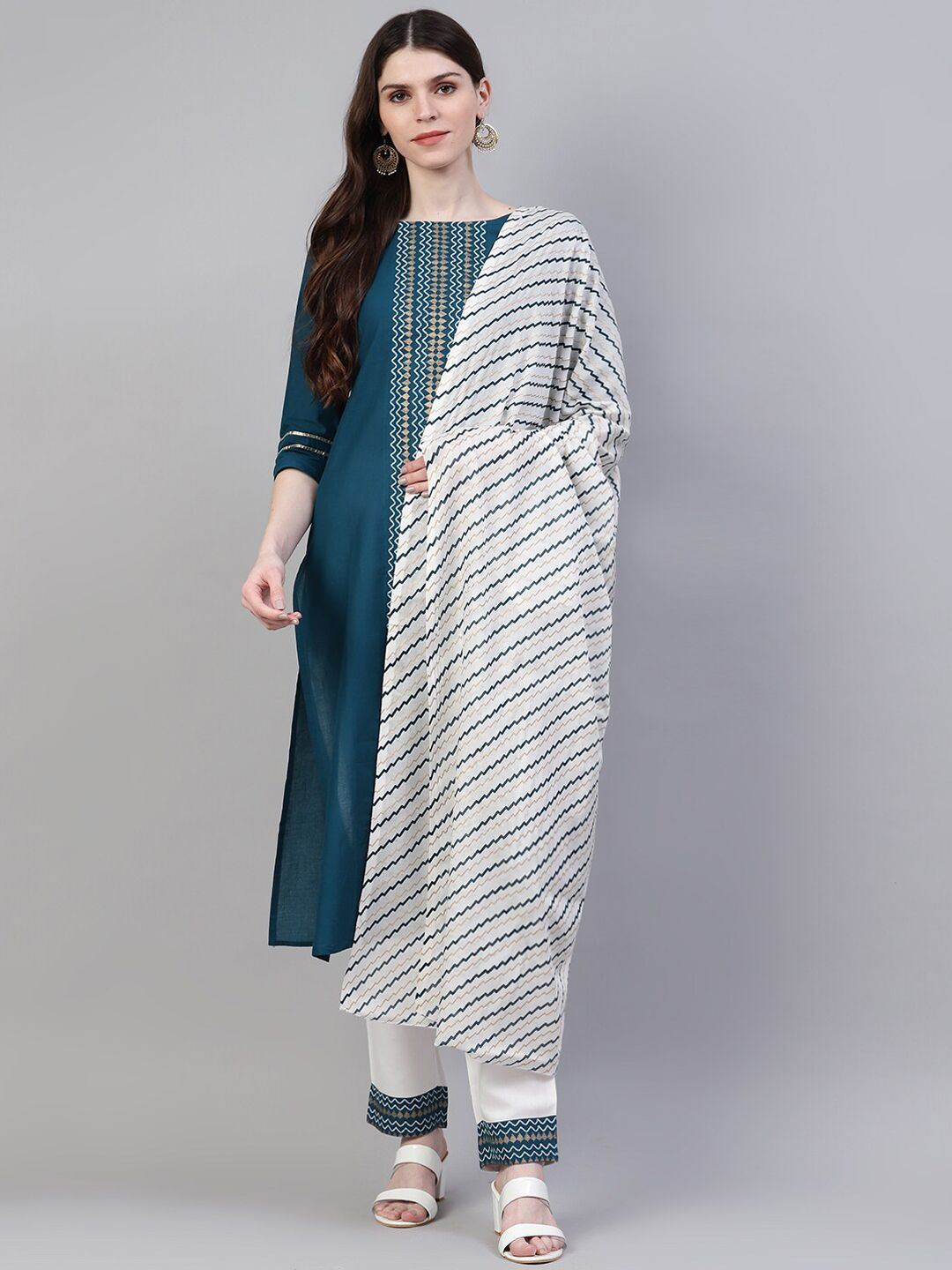 Stylum Women Blue Printed Layered Pure Cotton Kurta with Trousers & With Dupatta Price in India