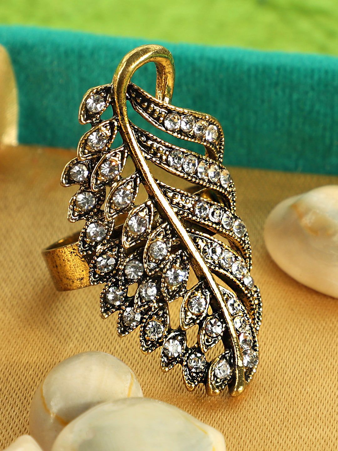 ANIKAS CREATION Gold-Plated White Stone-Studded Handcrafted Adjustable Finger Ring Price in India