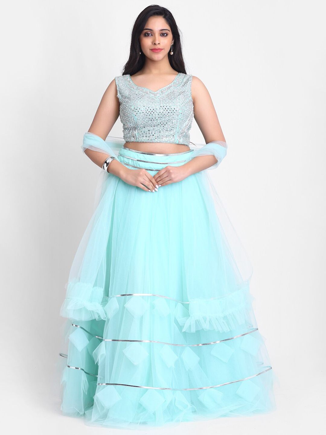 Grancy Women Turquoise Blue Embellished Semi Stitch Lehenga With Blouse