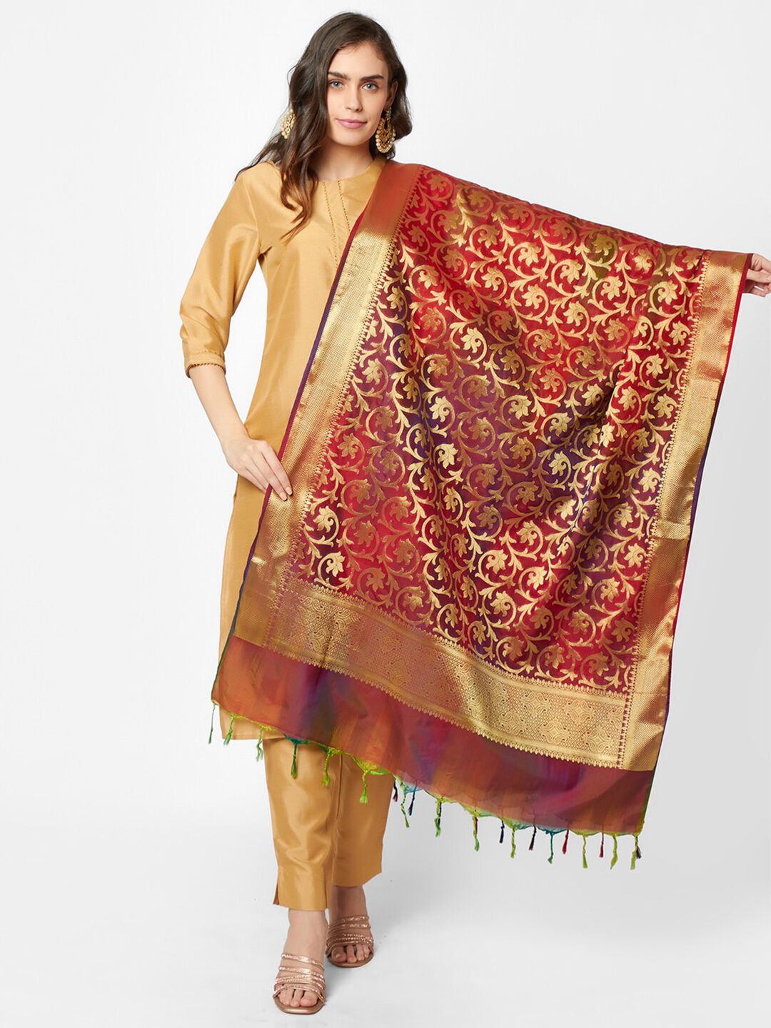 Dupatta Bazaar Red & Gold-Toned Woven Design Pure Silk Banarasi Dupatta Price in India