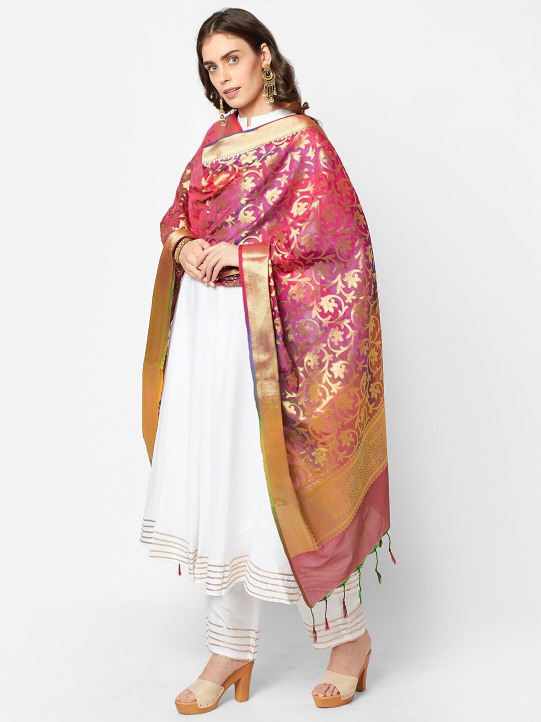 Dupatta Bazaar Pink & Gold-Toned Woven Design Banarasi Pure Silk Dupatta