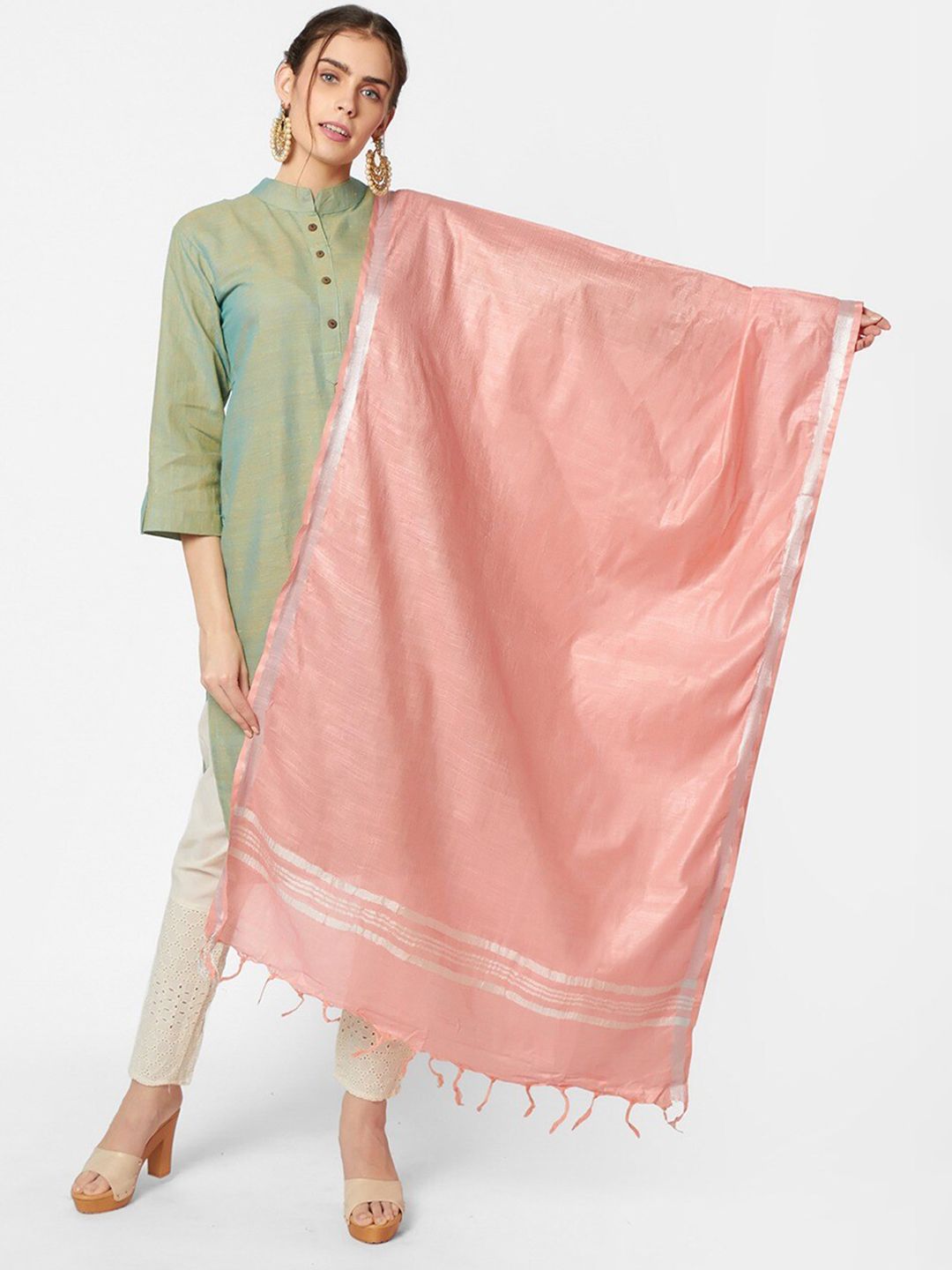 Dupatta Bazaar Peach & Silver-Toned Linen Dupatta with Zari Price in India