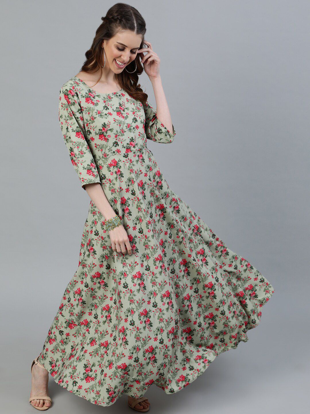 AASI - HOUSE OF NAYO Green Floral Crepe Ethnic Maxi Dress