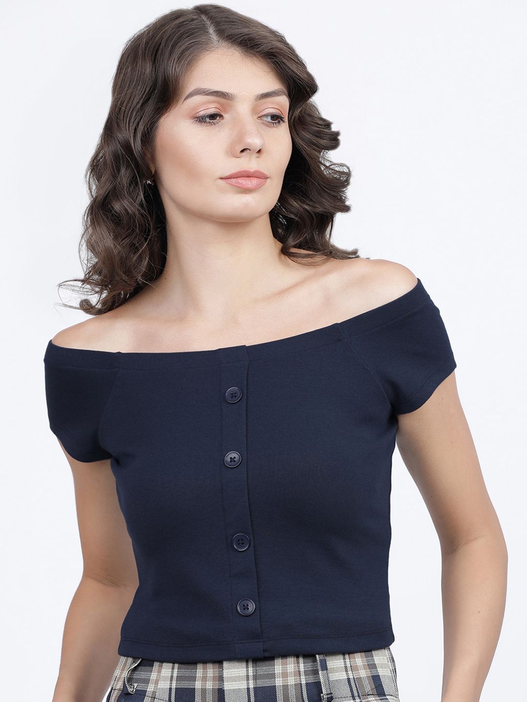 Tokyo Talkies Navy Blue Off-Shoulder Bardot Top