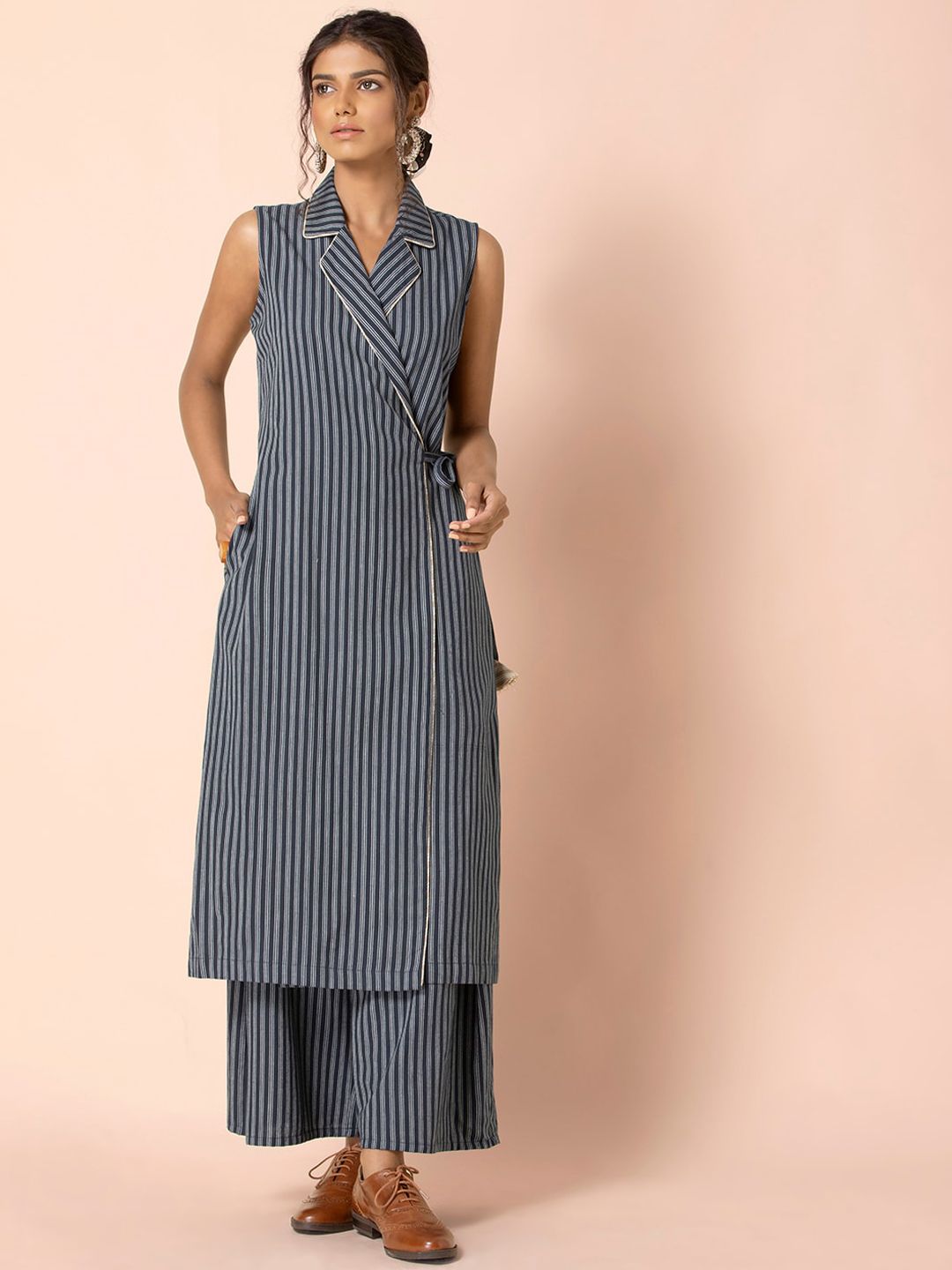 INDYA Women Blue Striped Thread Work NA Kurta