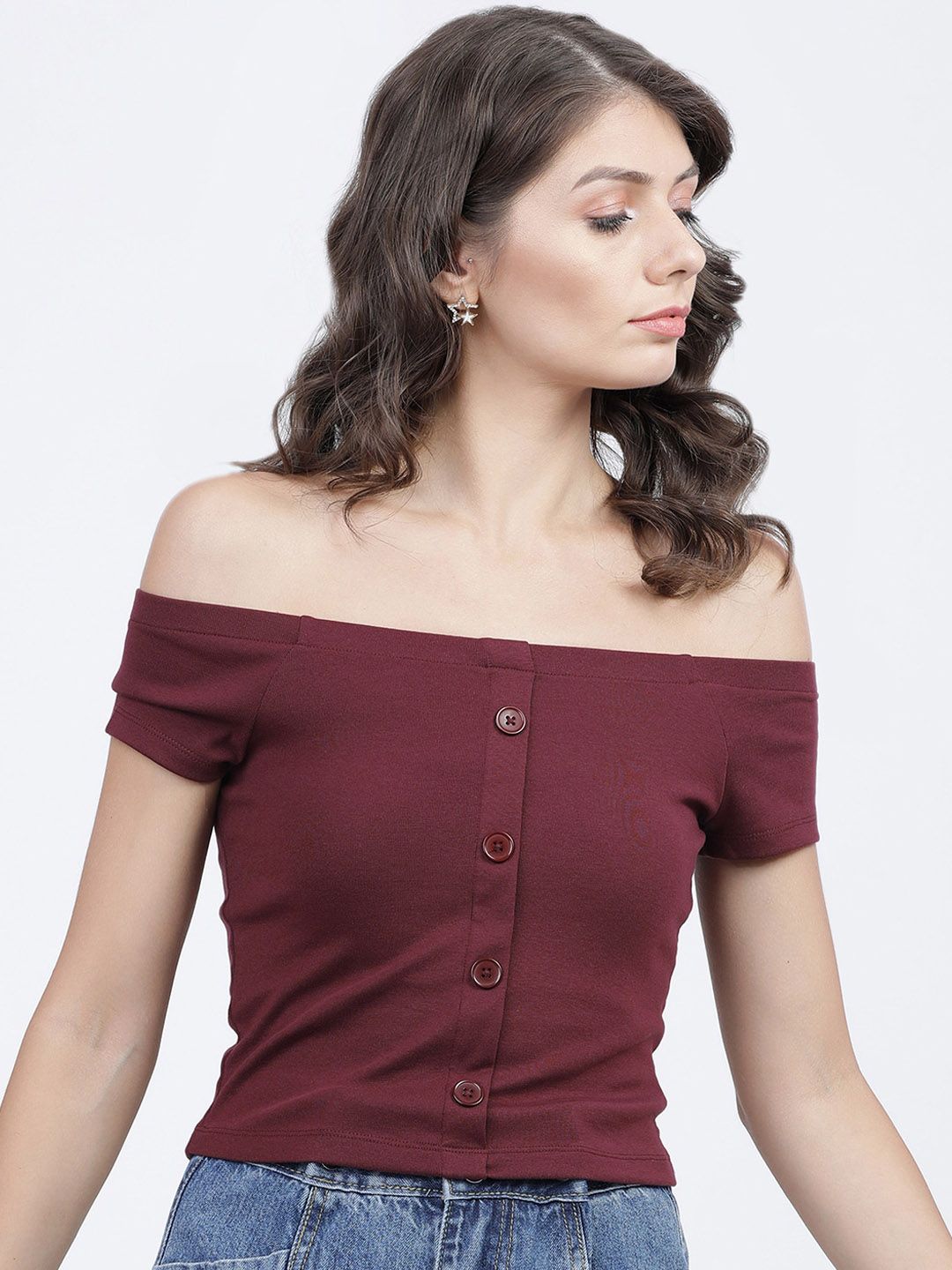 Tokyo Talkies Burgundy Off-Shoulder Bardot Top