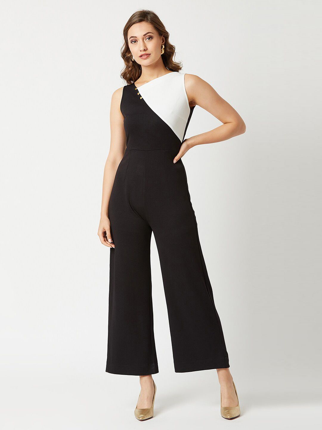 Miss Chase Black & White Colourblocked Basic Jumpsuit Price in India