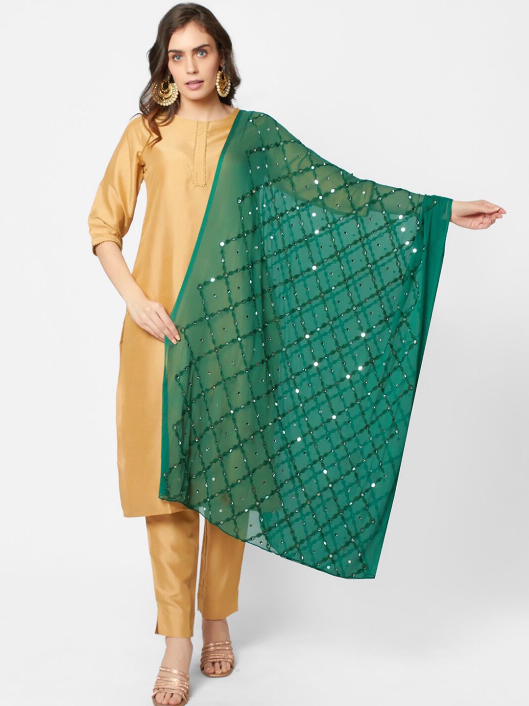 Dupatta Bazaar Green Ethnic Motifs Embroidered Dupatta with Mirror Work Price in India