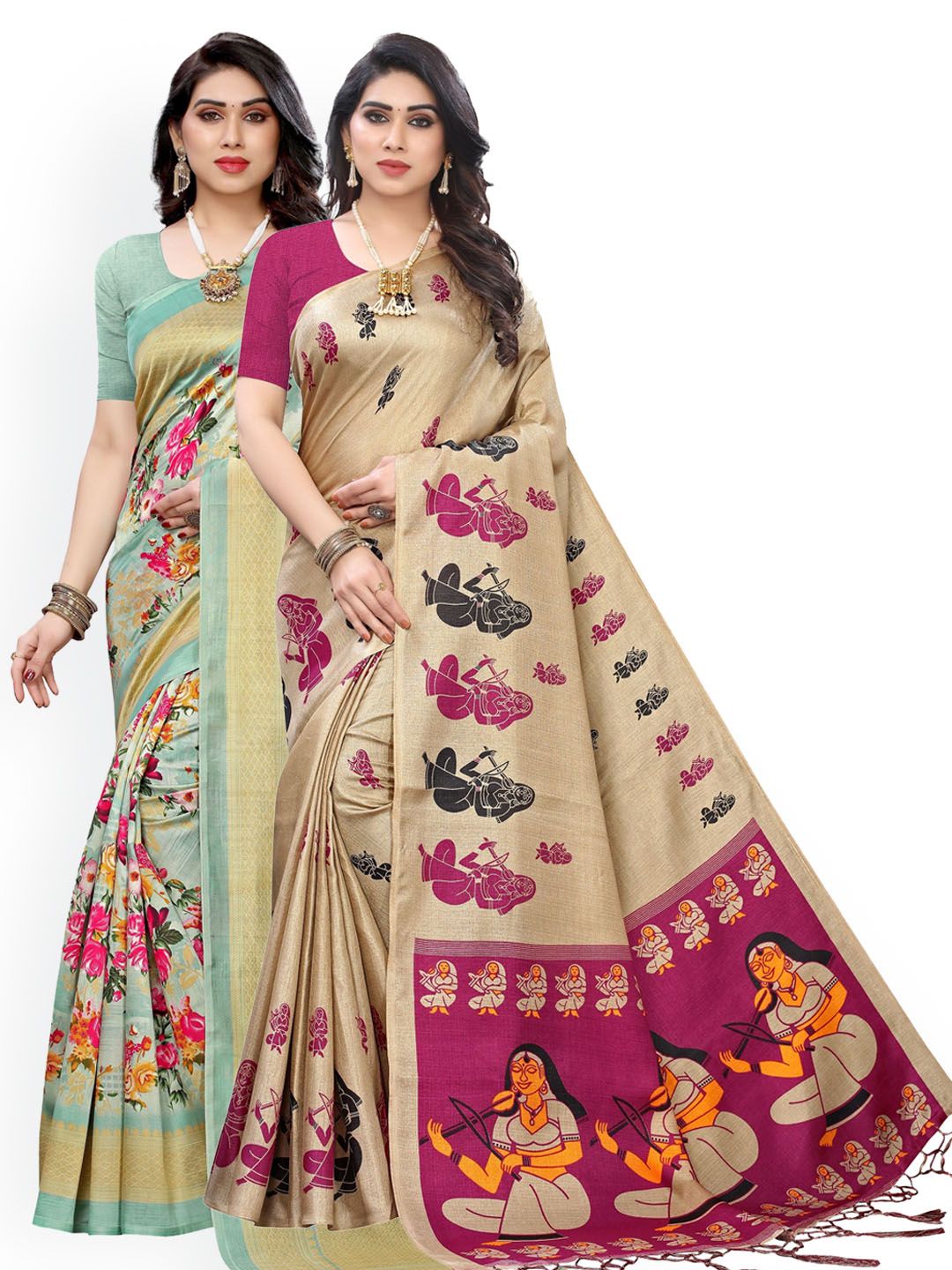 KALINI Green & Beige Set of 2 Ethnic Motifs Art Silk Saree