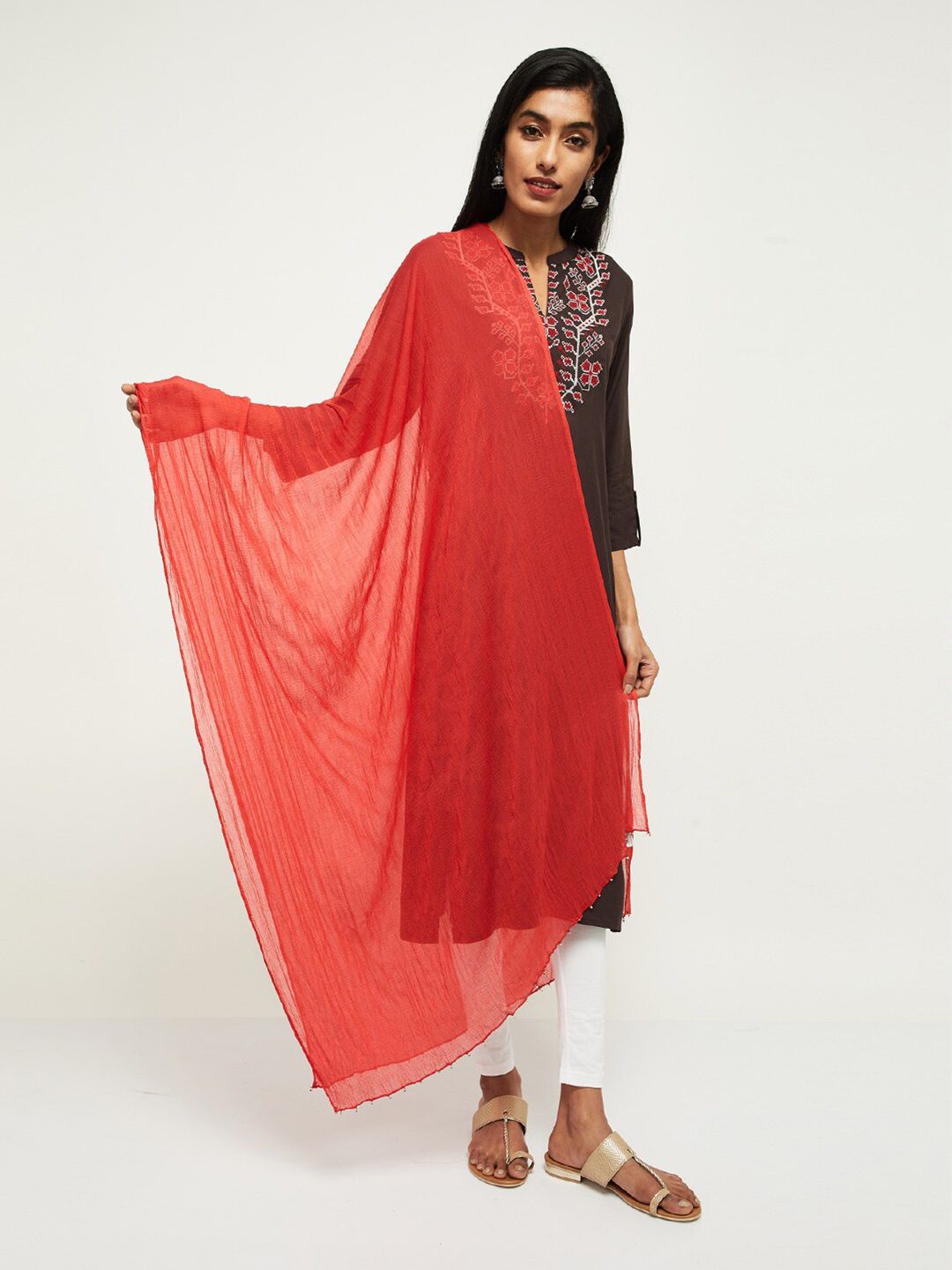 max Orange Dupatta with Beads and Stones