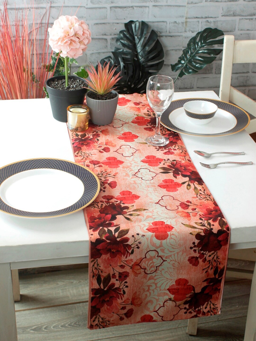 ROMEE Maroon & White Floral Printed Table Runner Price in India