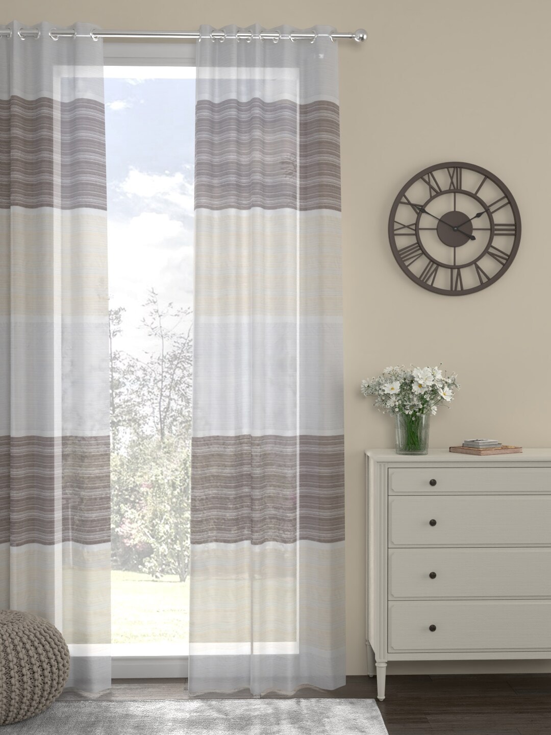 ROSARA HOME White & Brown Striped Sheer Door Curtain Price in India