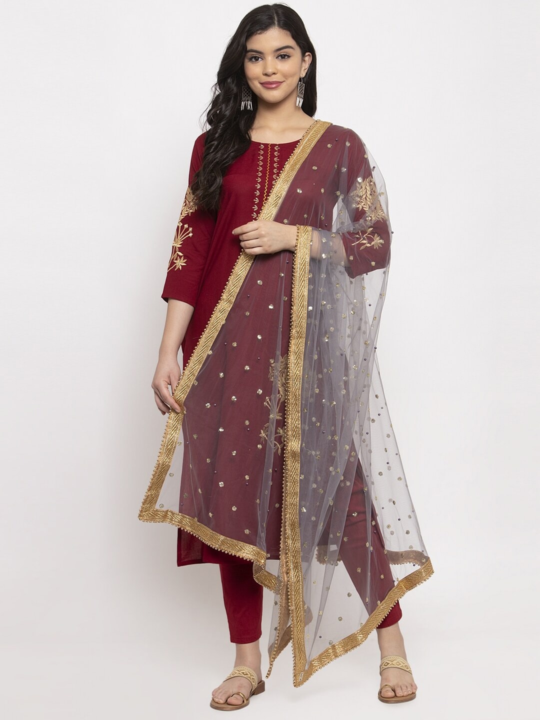 Clora Creation Grey & Gold-Toned Ethnic Motifs Embroidered Dupatta Price in India