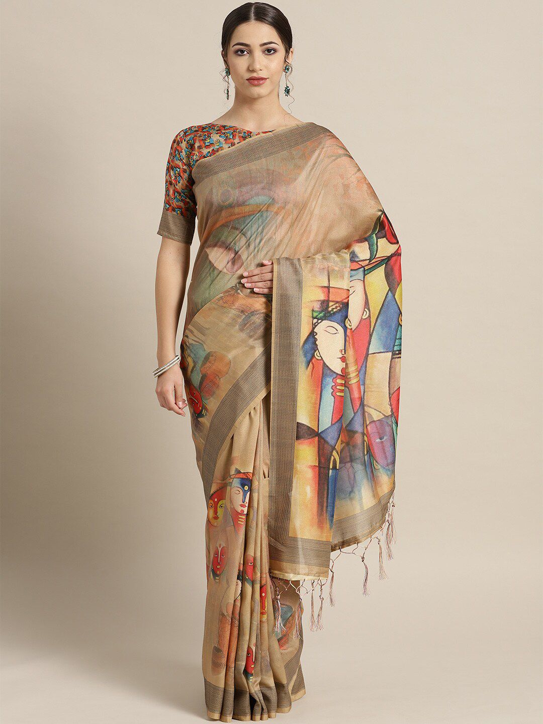 Saree mall Beige & Blue Ethnic Motifs Art Silk Sarees Price in India