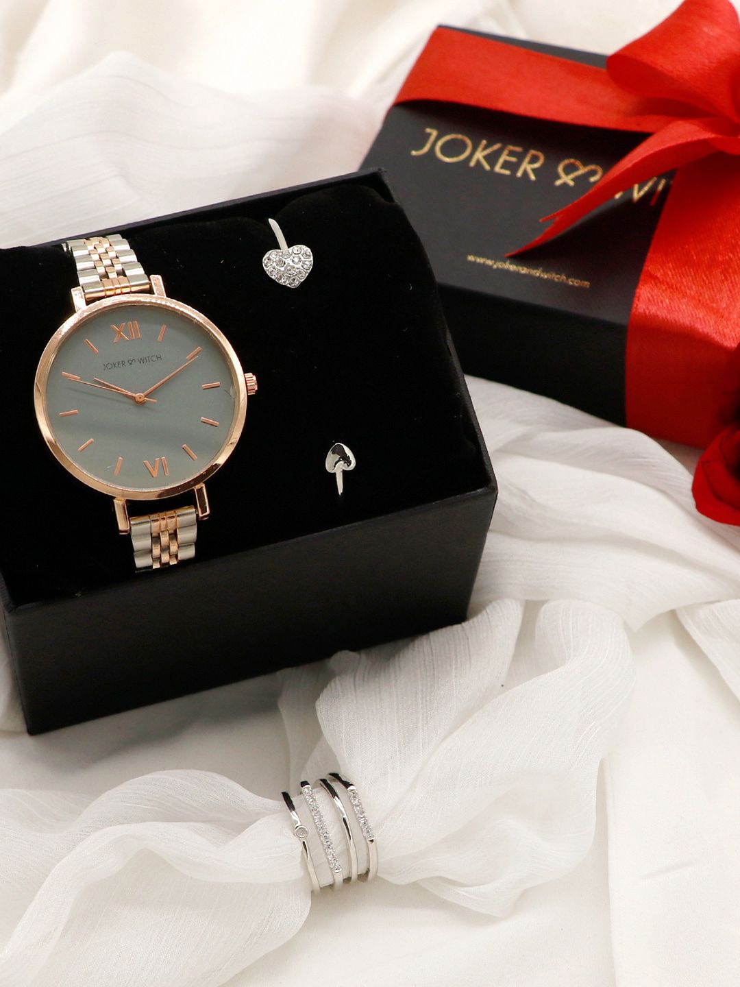 JOKER & WITCH Women Silver-Toned & Rose-Gold Toned Love Triangle Watch Gift Set JWLT9