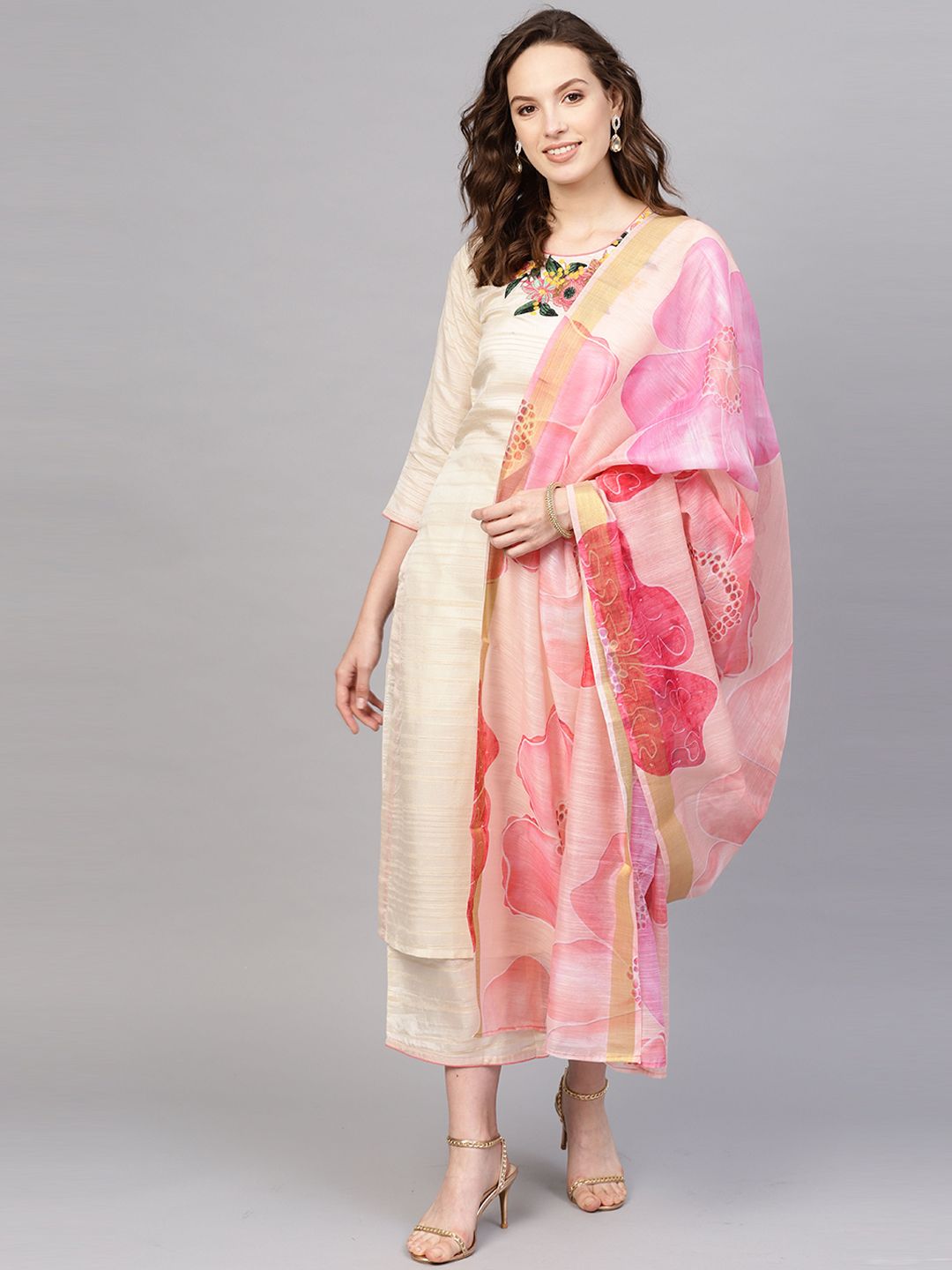 Indo Era Women Cream-Coloured & Pink Striped Kurta with Palazzos & With Dupatta Price in India