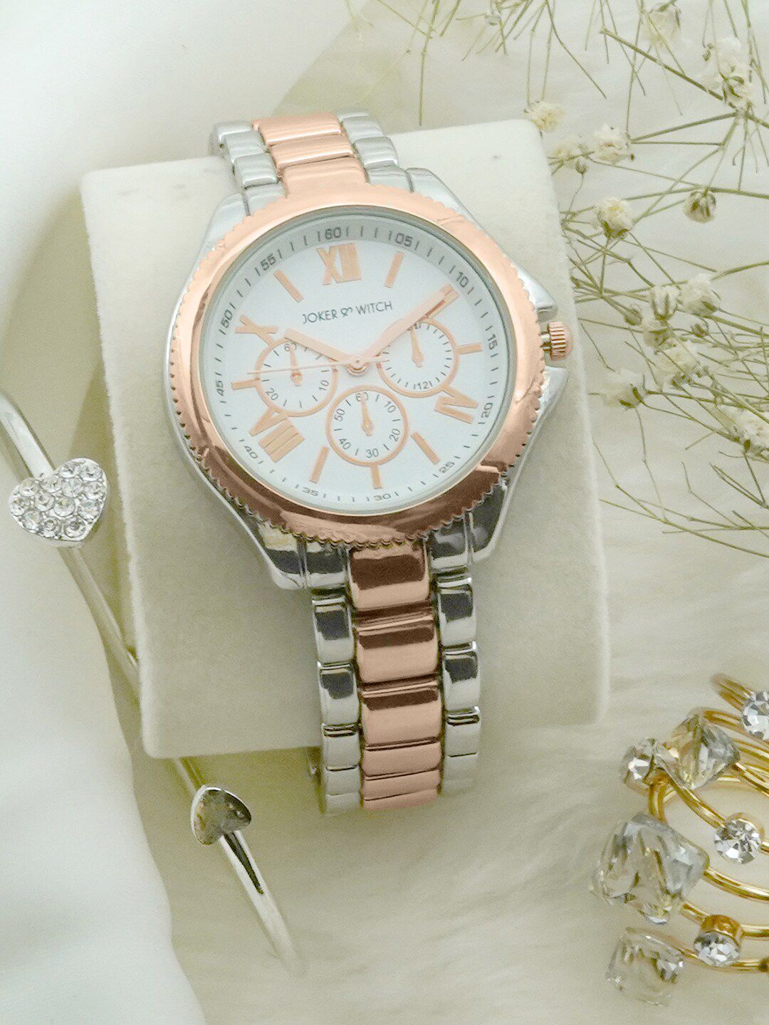 JOKER & WITCH Women White & Rose Gold-Toned Omega Love Triangle Watch Gift Set JWLT206