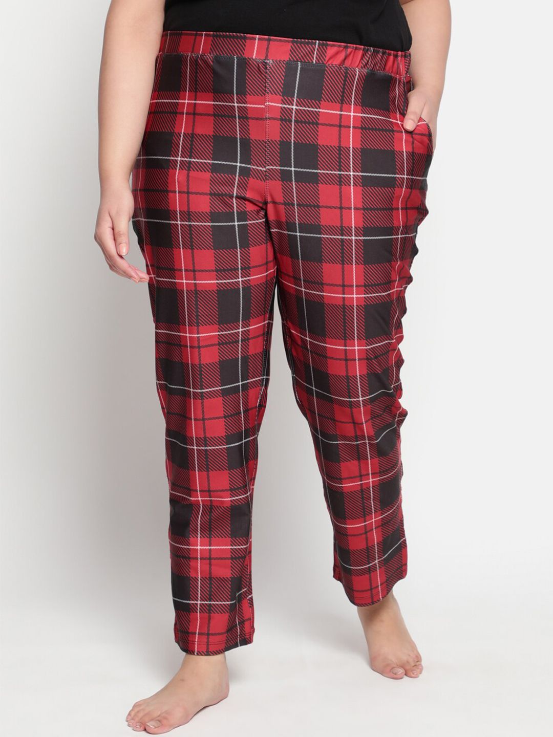 Amydus Women Plus Size Red & Black Checked Lounge Pants Price in India