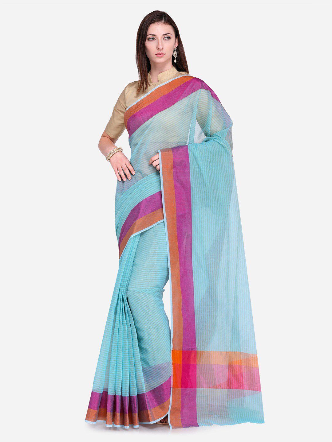 Saree mall Turquoise Blue & Orange Colourblocked Art Silk Sarees Price in India