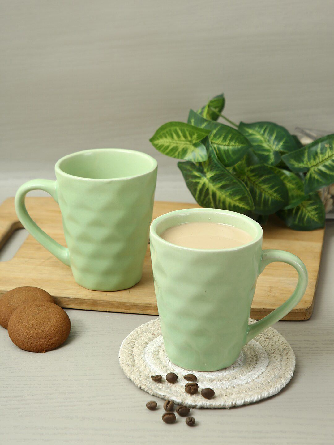 Aapno Rajasthan Set Of 4 Green Textured Ceramic Glossy Coffee Mugs Price in India