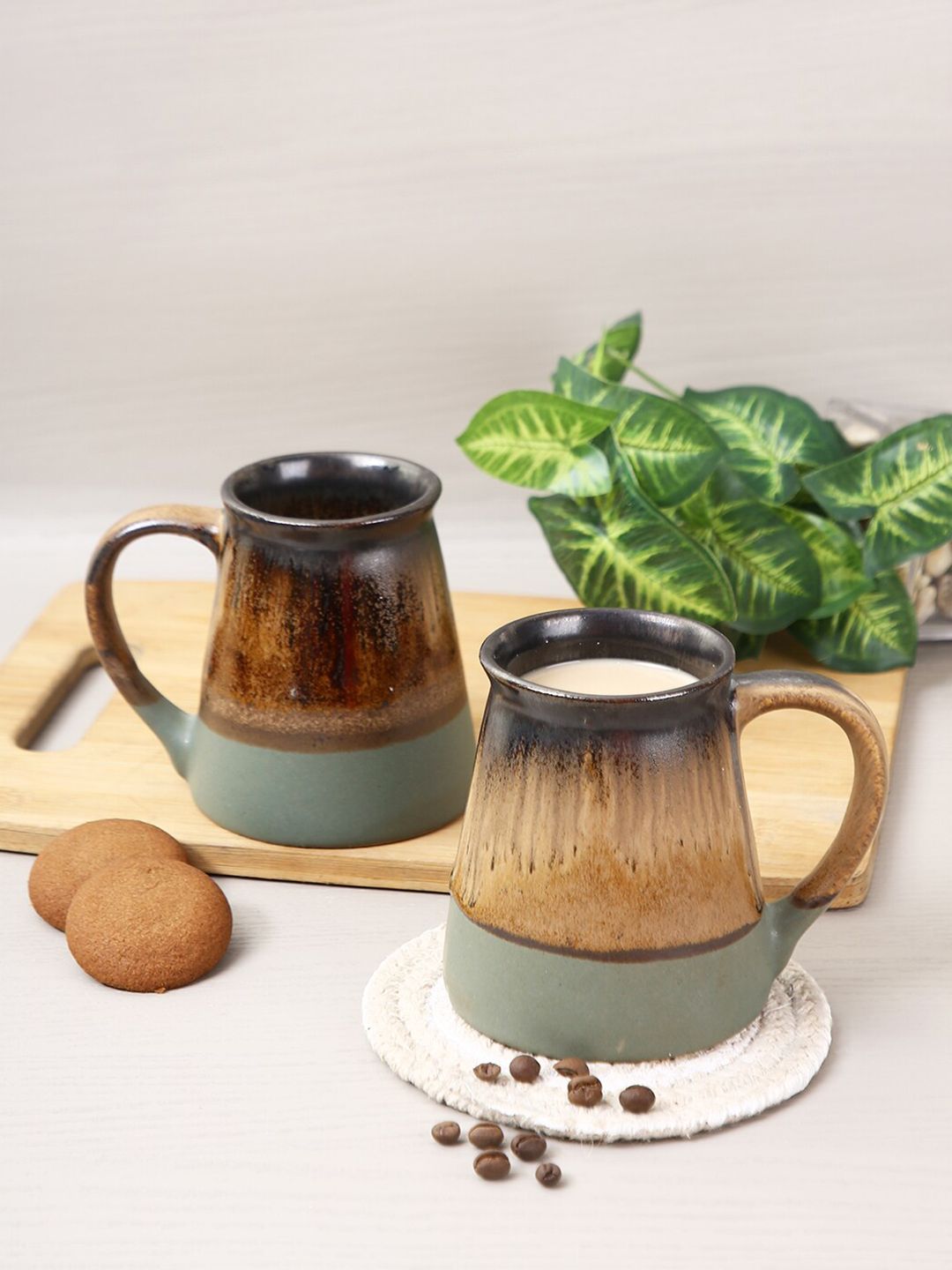 Aapno Rajasthan Set Of 2 Brown & Grey Printed Ceramic Glossy Mugs Price in India