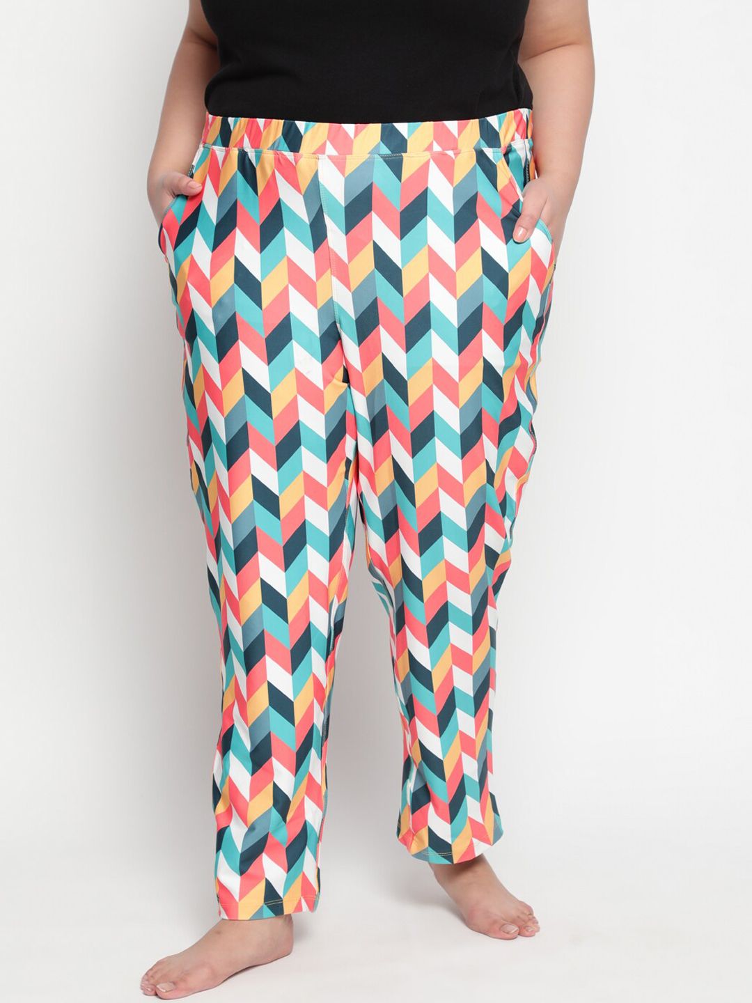 Amydus Women Plus Size Blue & Yellow Printed Relaxed Straight-Fit Lounge Pants Price in India