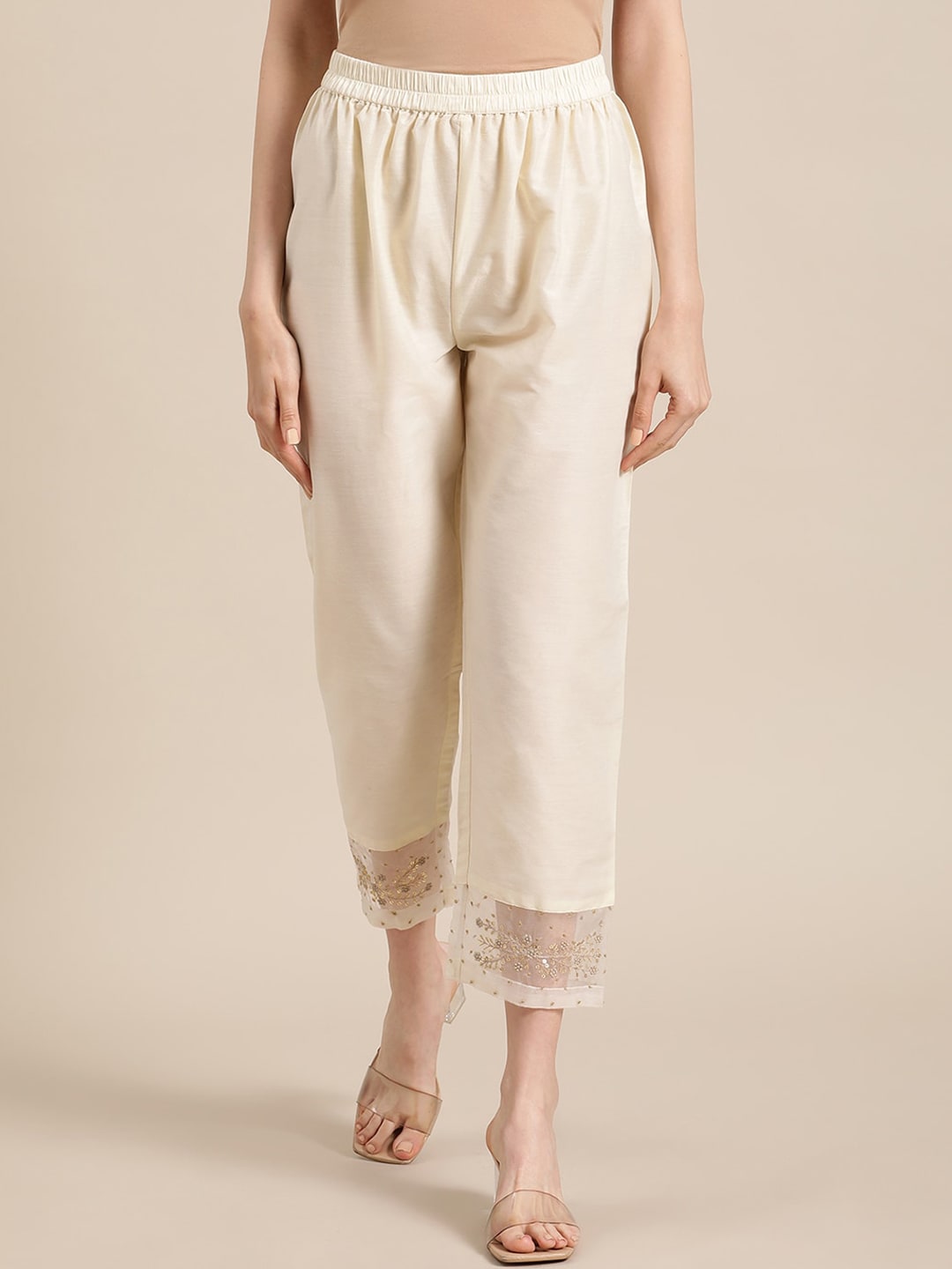 Varanga Women Varanga Off White Silk & Organza Zari Embellished Trousers Price in India