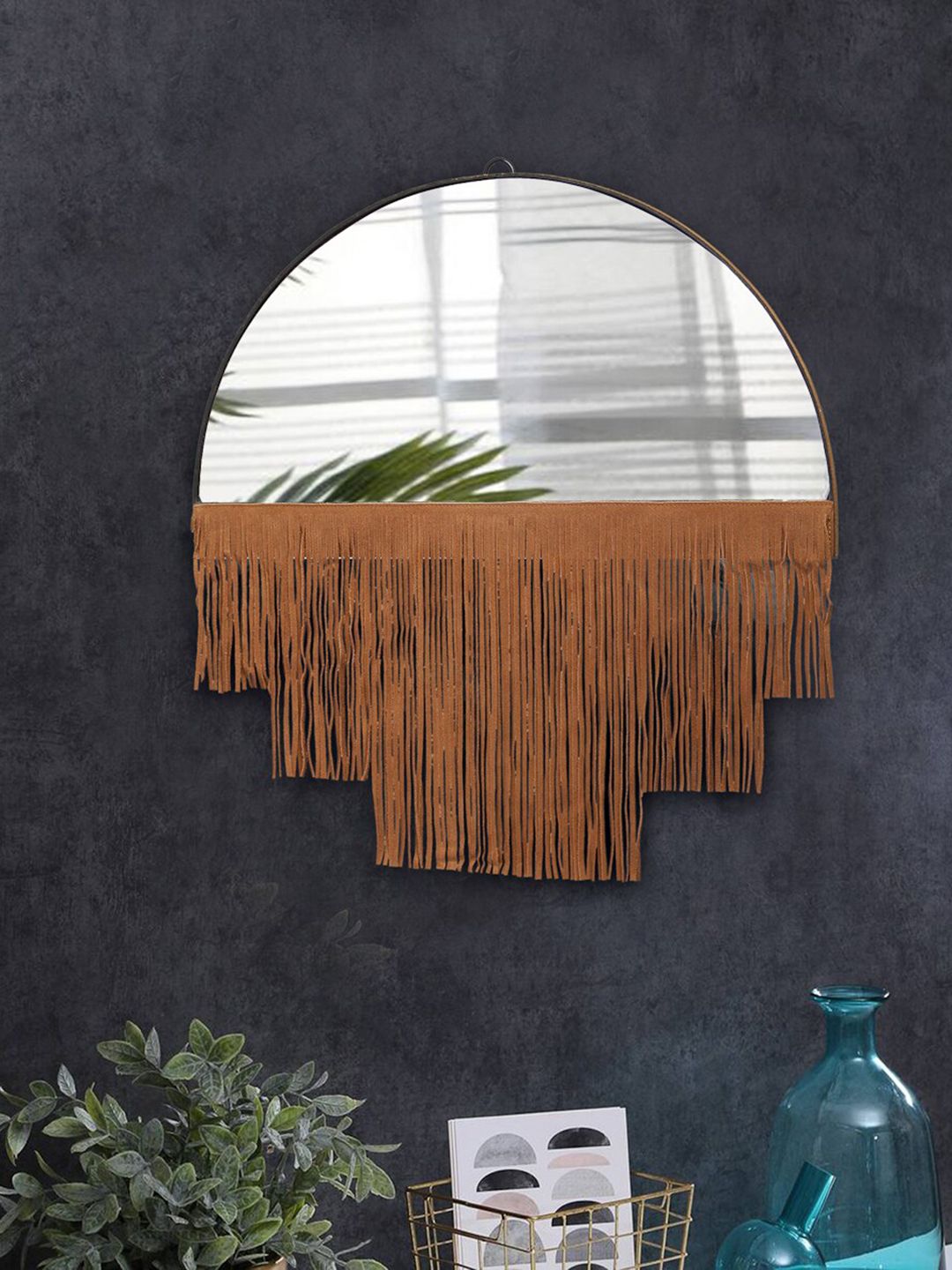 IMUR Brown Fringed Wall Mirror with Wooden Frame Price in India